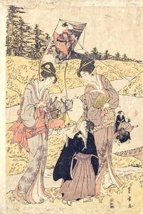 Utagawa Toyohiro (Japanese, 1773-1828) - Women and Children Watching Kite Flying, Woodblock Print.: Utagawa Toyohiro (Japanese, 1773-1828) - Women and Children Watching Kite Flying, Woodblock Print. Left Panel of Triptych. 38.5x26cm.