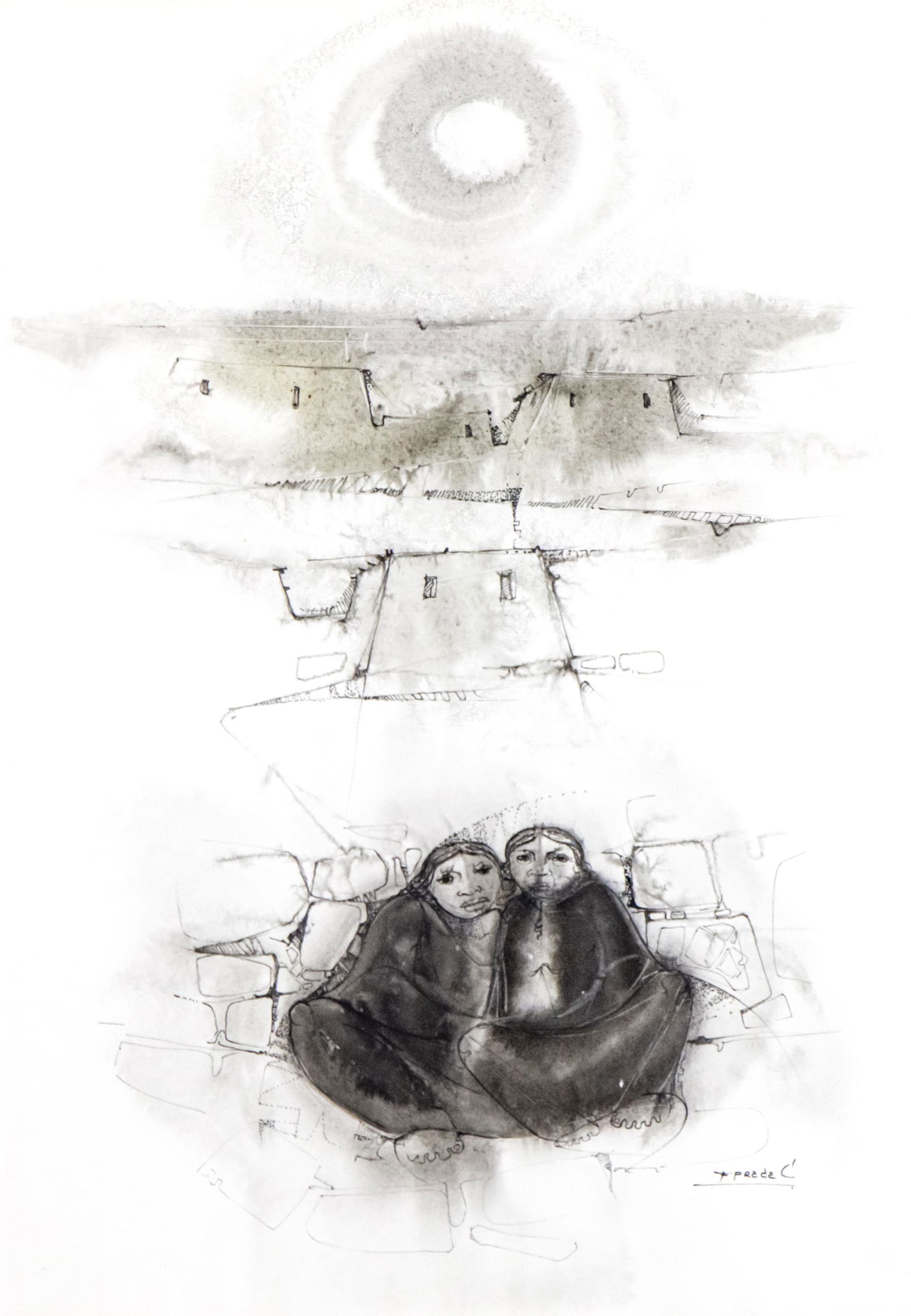 Fernando Prada Cardenas (Bolivia, b.1943) - Figures in the Sunset, Watercolor and Ink on Paper.: Fernando Prada Cardenas (Bolivian, b.1943) - Figures in the Sunset, Watercolor and Ink on Paper. Singed. 49x33.5cm.