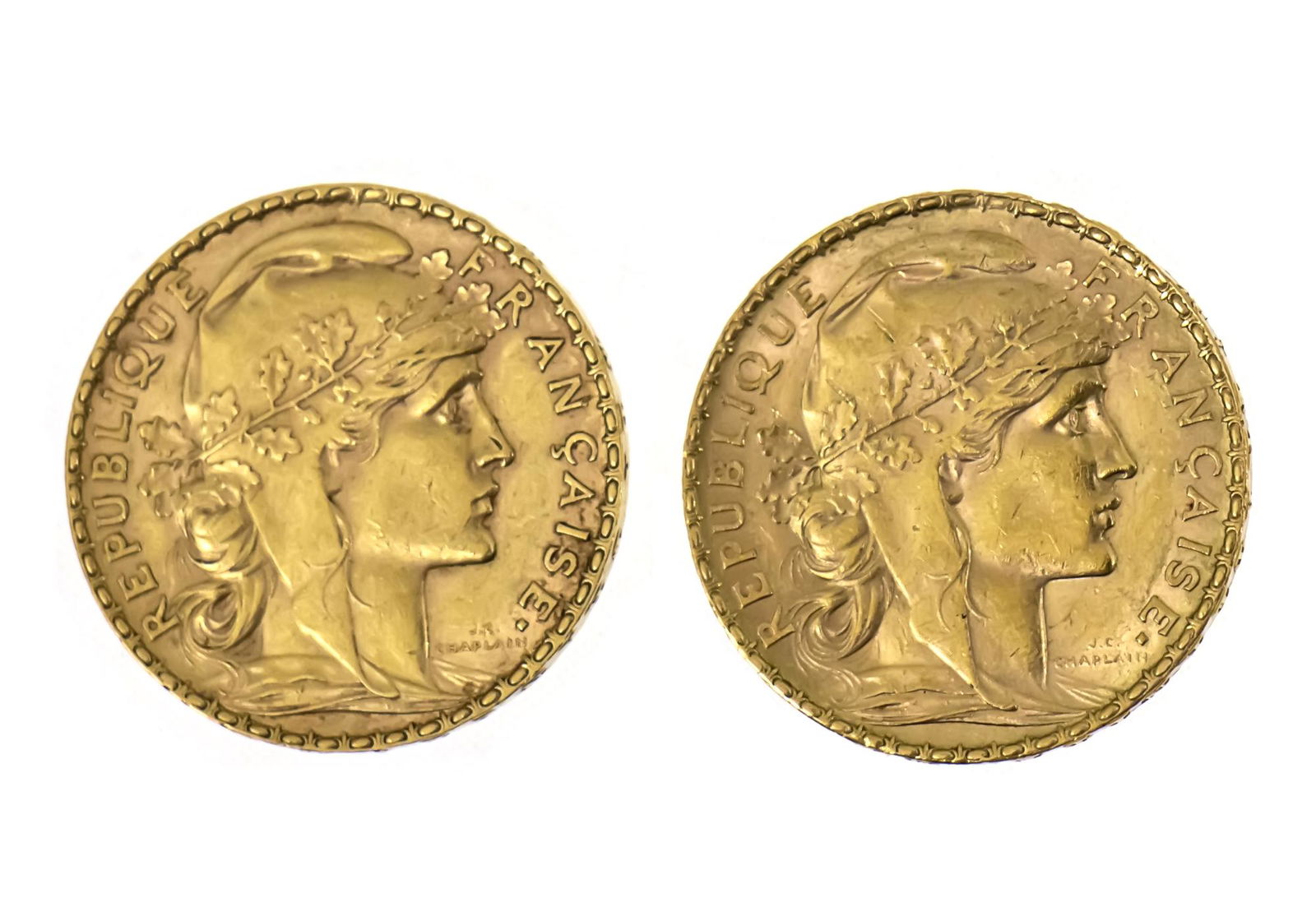 Two 20 French Francs Gold Coins, 1906, 1910. (1 of 2)