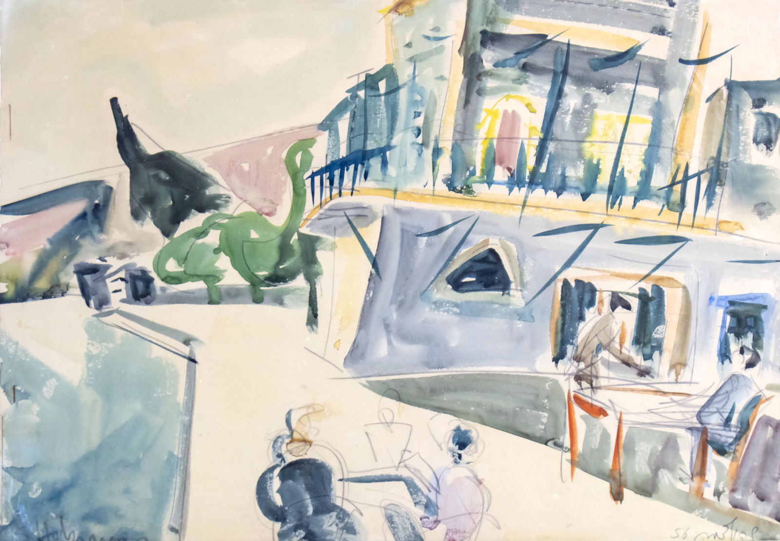 Shimshon Holzman (1907-1986) - Urban Landscape, Watercolor on Paper, 1956. (1 of 3)