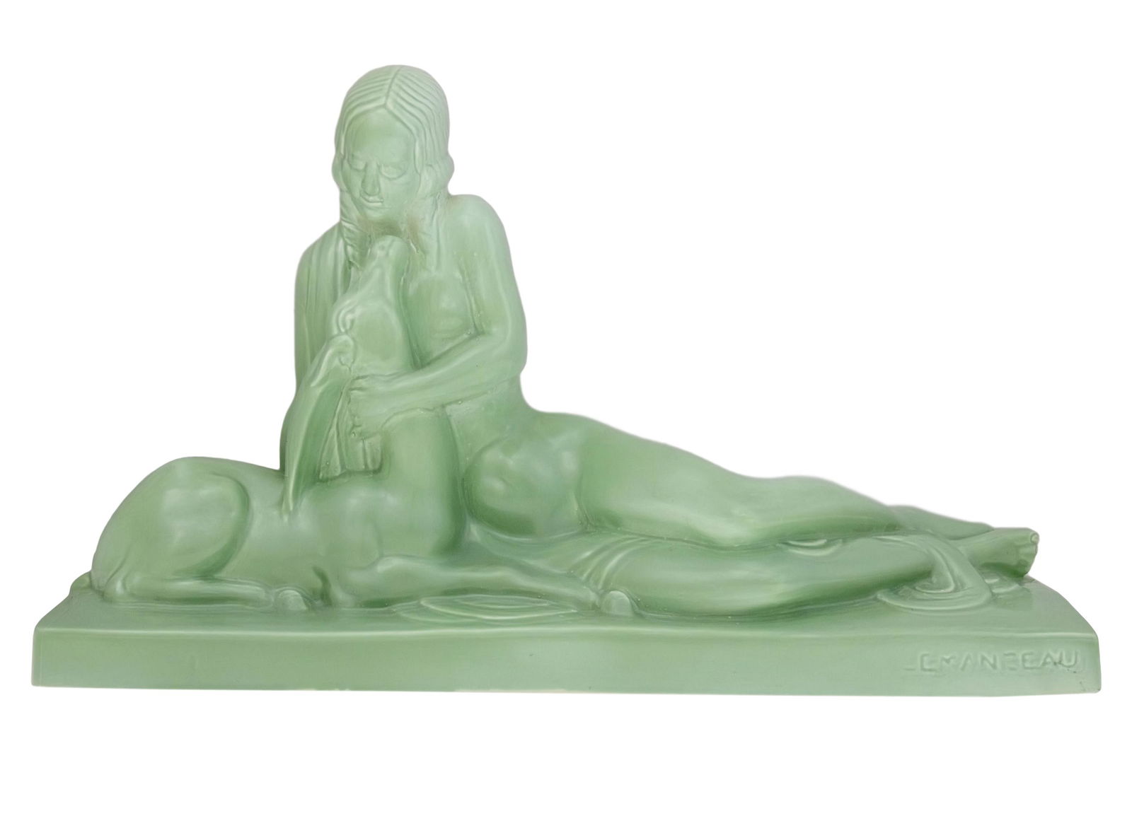 Charles Lemanceau (French, 1905-1980) - Nude and Antelope, Art Deco Ceramic Figure, Circa 1935.: Charles Lemanceau (French, 1905-1980) - Nude and Antelope, Art Deco Ceramic Figure, Circa 1935. Signed by the artist, marked. Height: 28.5cm. Length: 46.5cm.