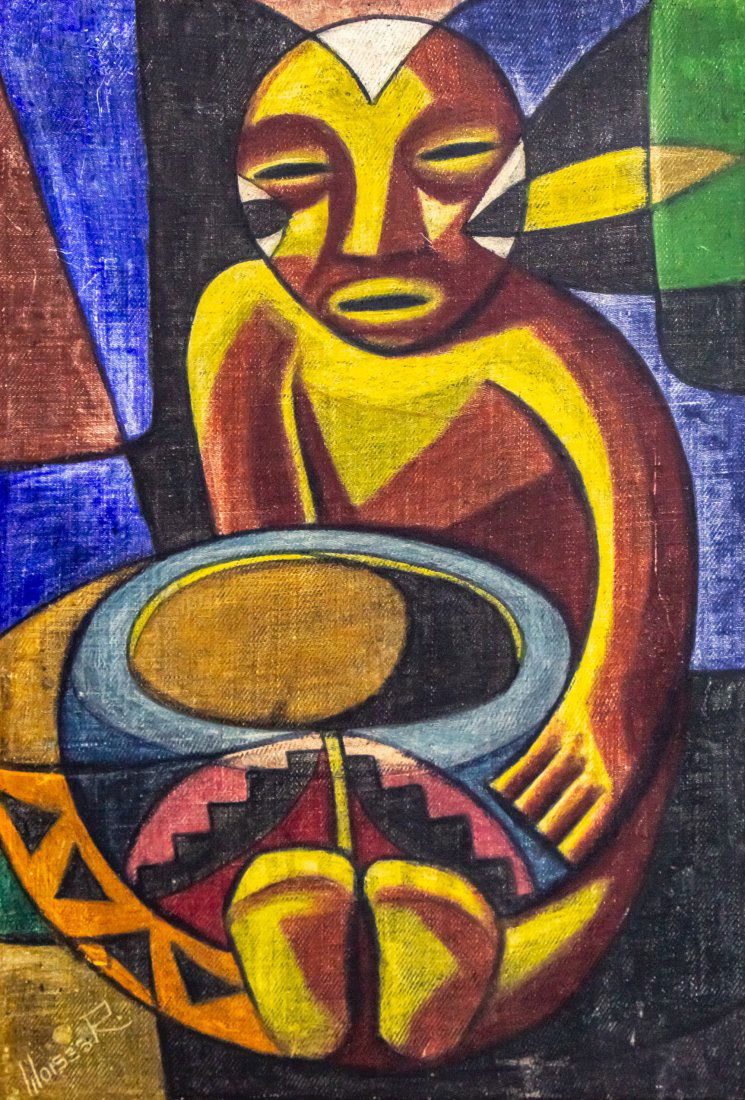 Raphael Moises (Mexican, 1910-1995) - Seated Figure with Bowl, Mixed Media on Board. (1 of 3)