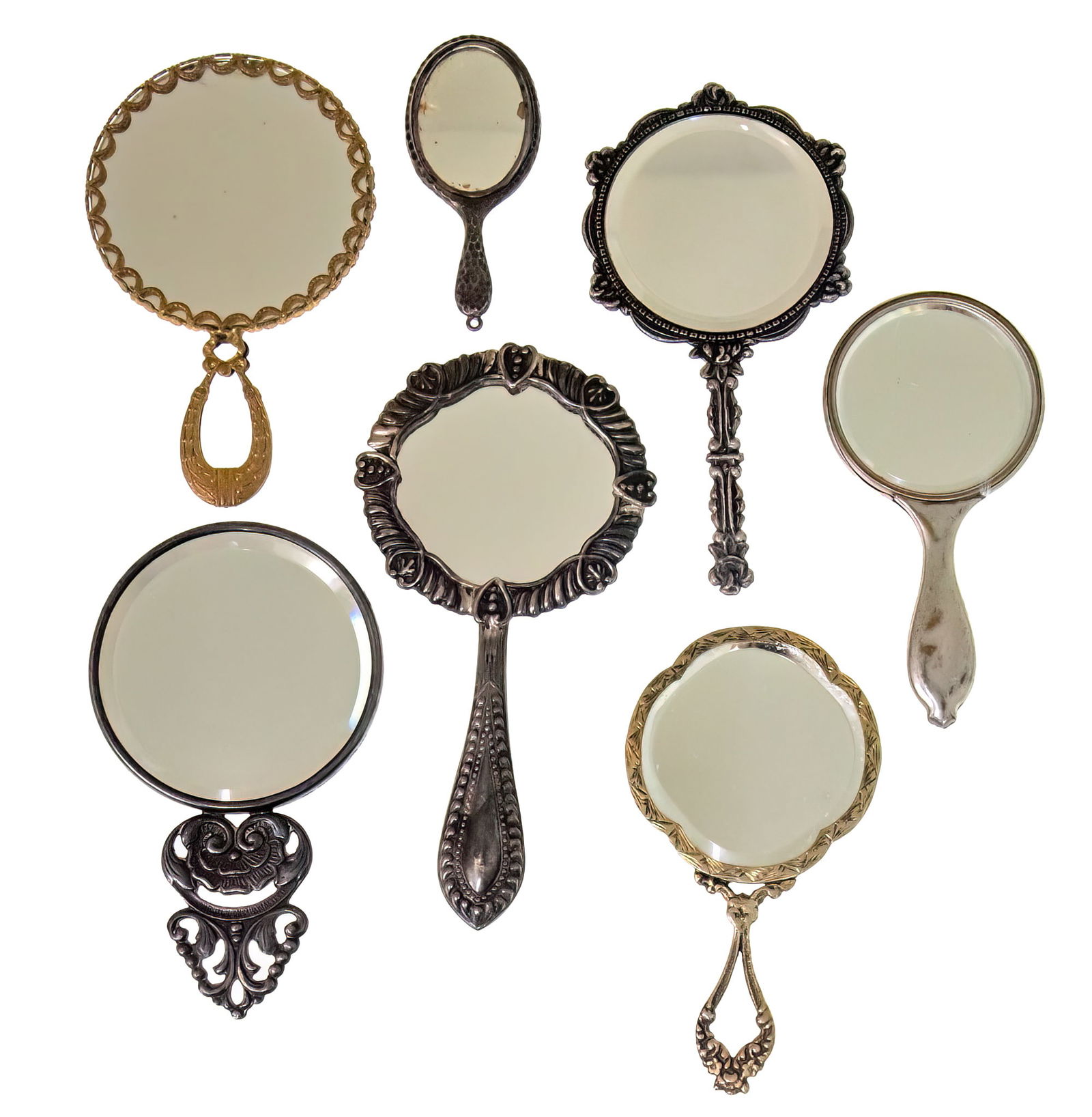 Lot 7 Miniature Hand Mirrors, Silver, Enamel, Porcelain and Brass. (1 of 2)