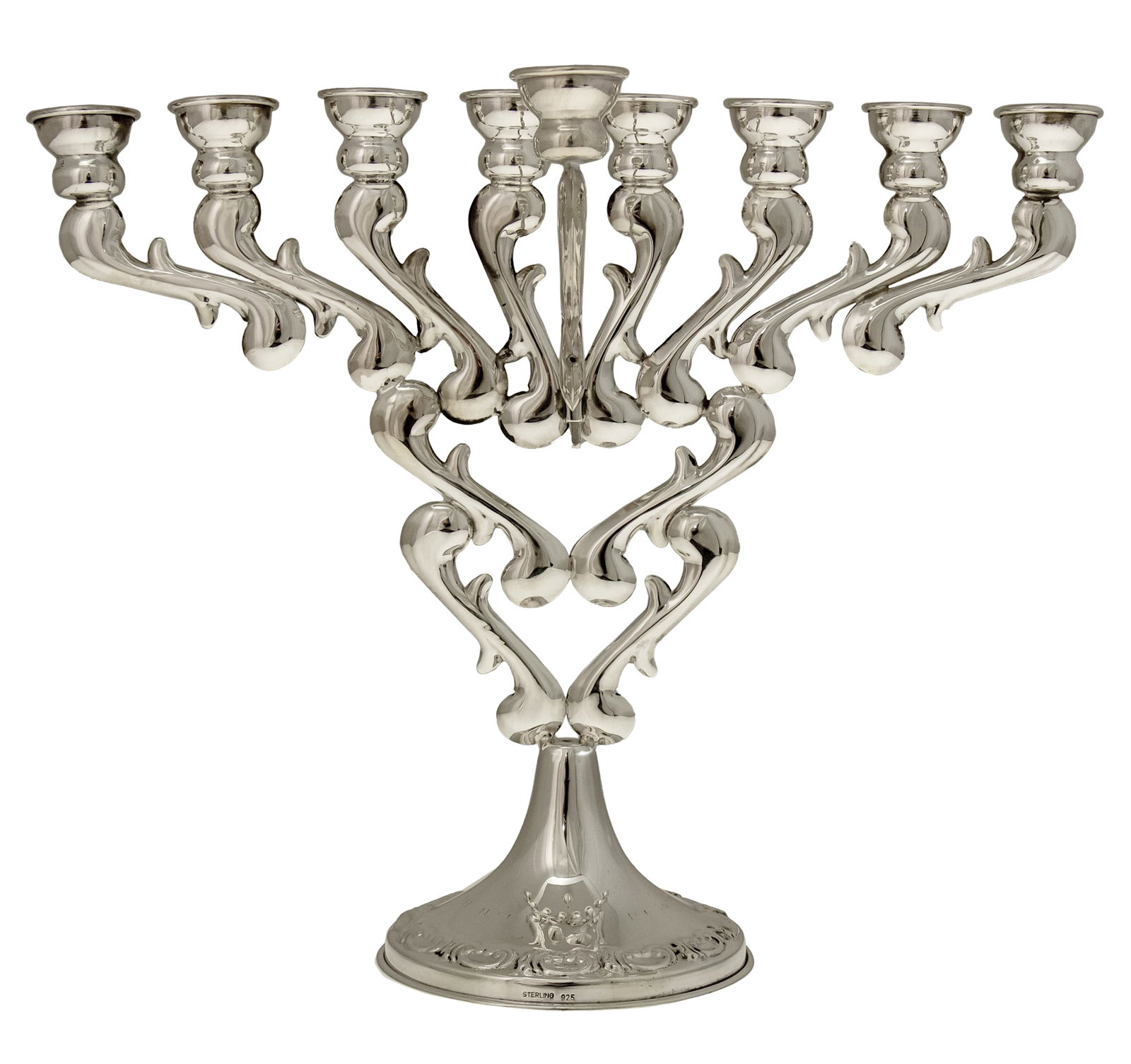 Sterling Silver Hanukkah Lamp Menorah.: Sterling Silver Hanukkah Lamp Menorah, Judaica. Detachable servant light (Shamosh). Marked. Height: 23cm. Width: 28cm. Minor signs of removed dedication. 214gr.