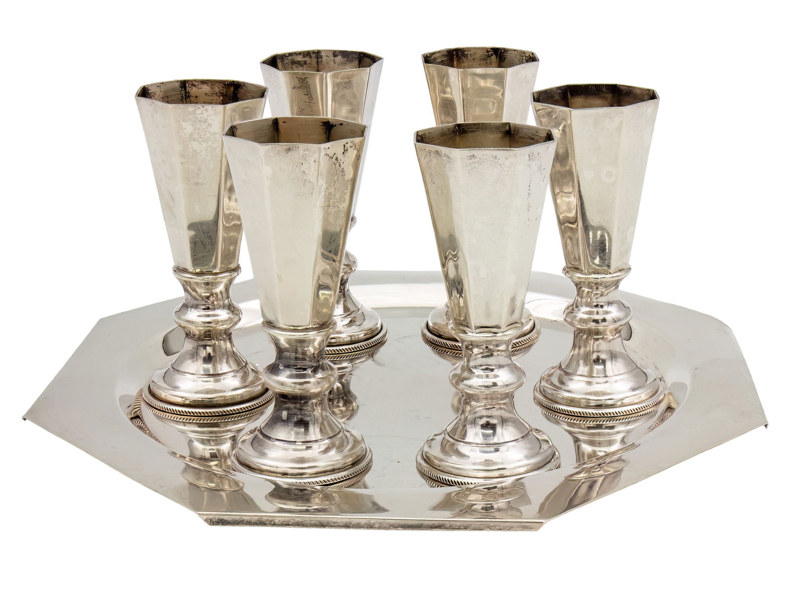 Set of Six Sterling Silver Cups Tots on Tray. (1 of 4)