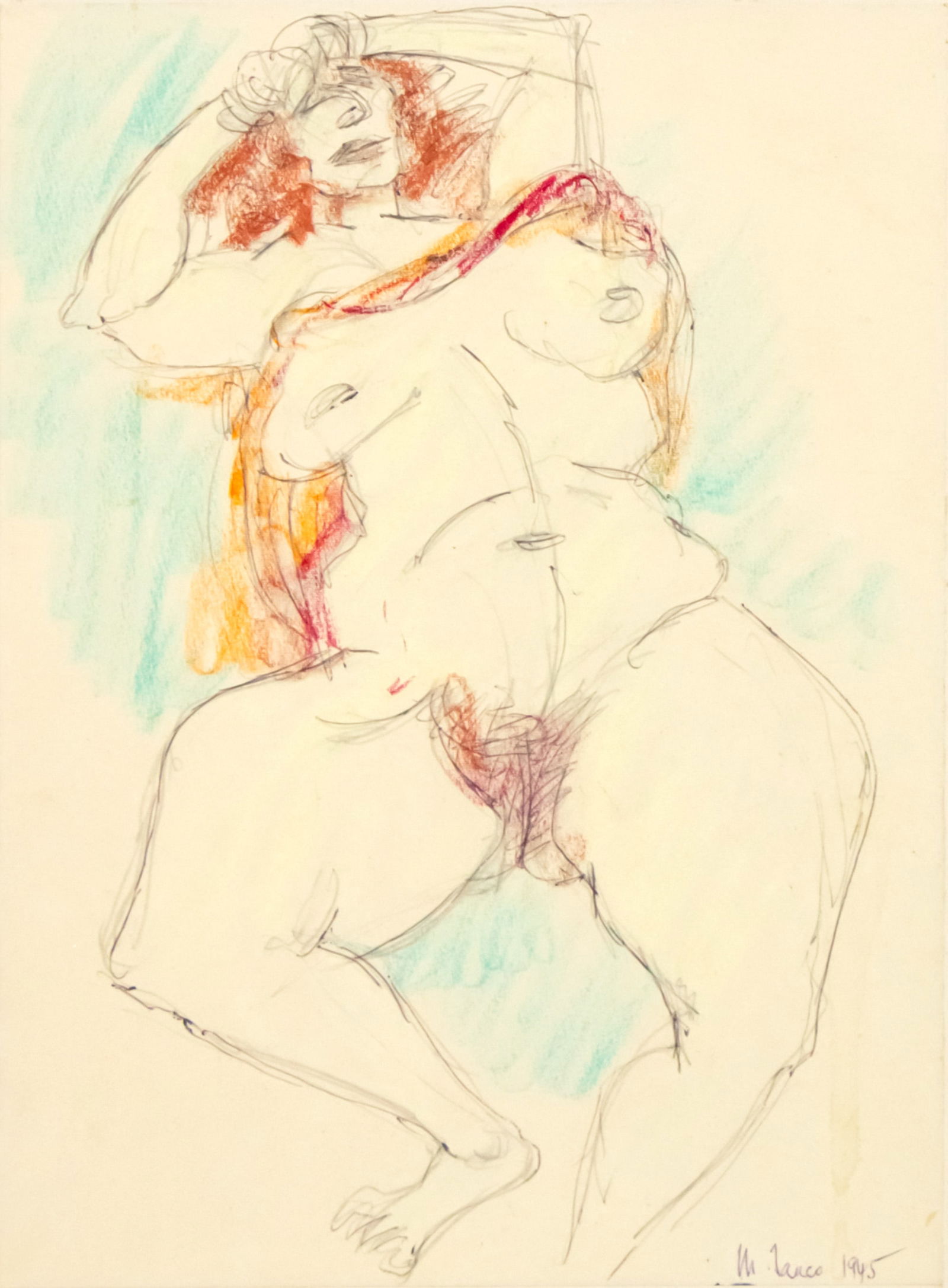 Marcel Janco (Romanian / Israeli, 1895-1984) - Female Nude, Pastel and Pencil on Paper, 1945.: Marcel Janco (Romanian / Israeli, 1895-1984) - Female Nude, Pastel and Pencil on Paper, 1945. Signed and dated. 34x25cm.