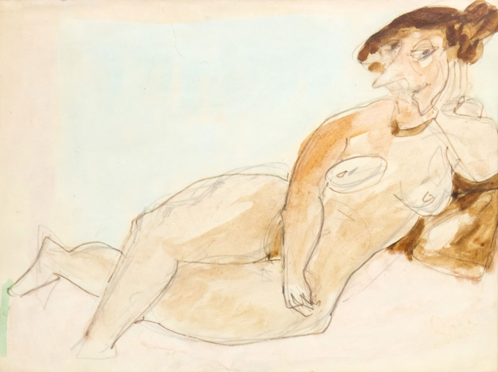 Marcel Janco (Romanian / Israeli, 1895-1984) - Female Nude, Watercolor and Pencil on Paper.: Marcel Janco (Romanian / Israeli, 1895-1984) - Female Nude, Watercolor and Pencil on Paper. Signed. 25x33cm.