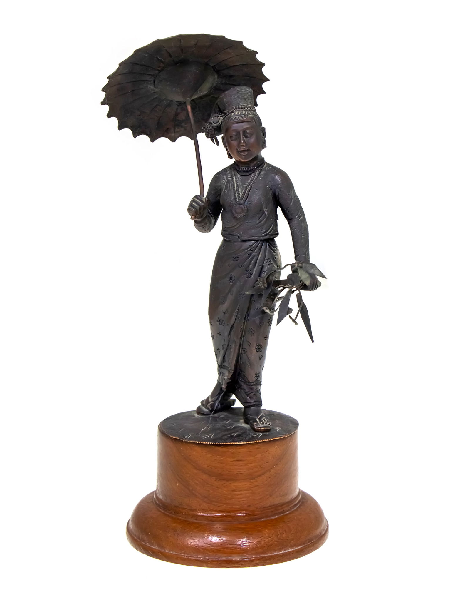 Unidentified Artist - Woman with an Umbrella and a Bouquet of Flowers, Japanese Bronze Sculpture. (1 of 5)
