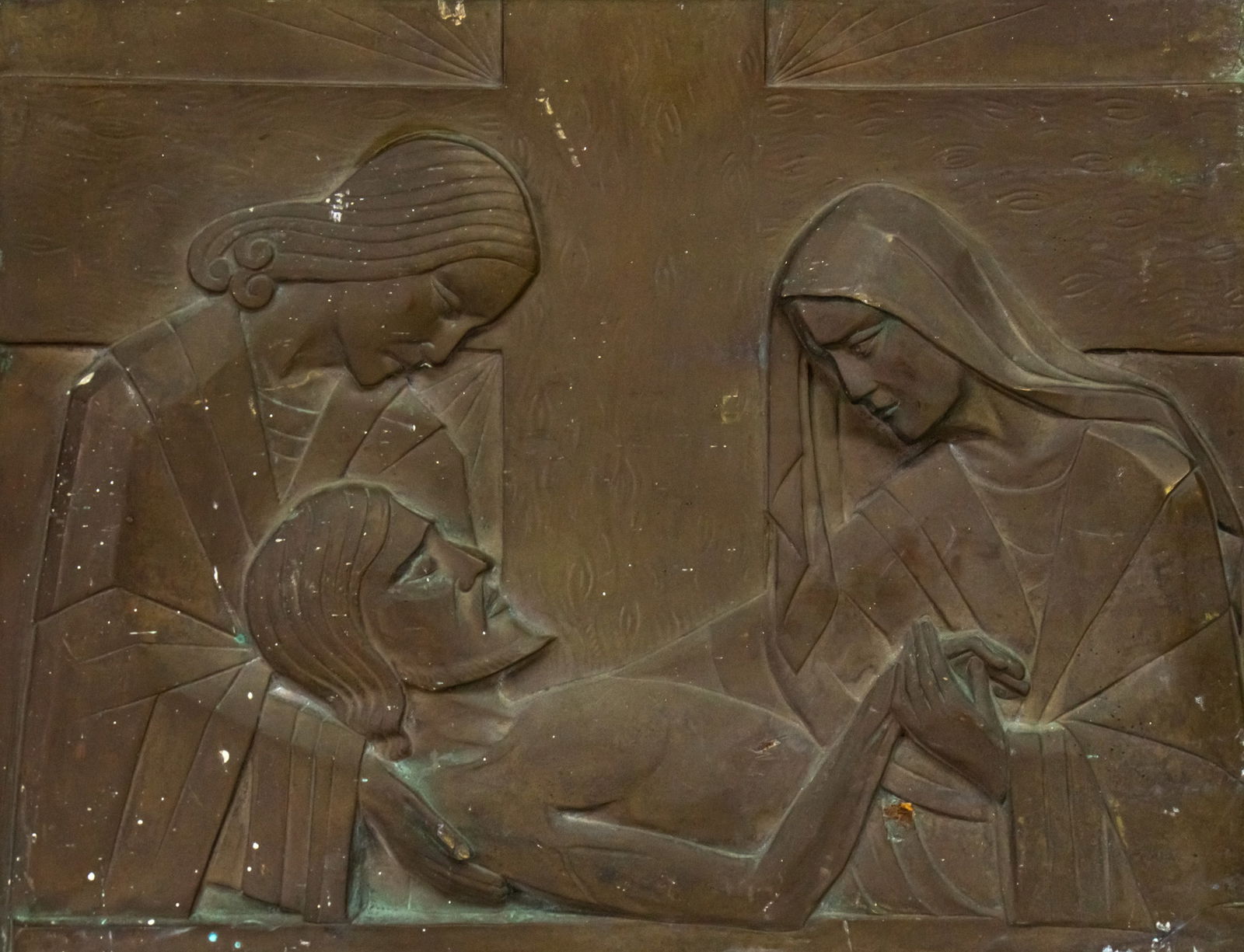 Sylvain Norga (Belgian, 1892-1968) - Virgin Mary, Saint John and Jesus, Bronze Relief.: Sylvain Norga (Belgian, 1892-1968) - Virgin Mary, Saint John and Jesus, Bronze Relief. Signed. 36x47cm.
