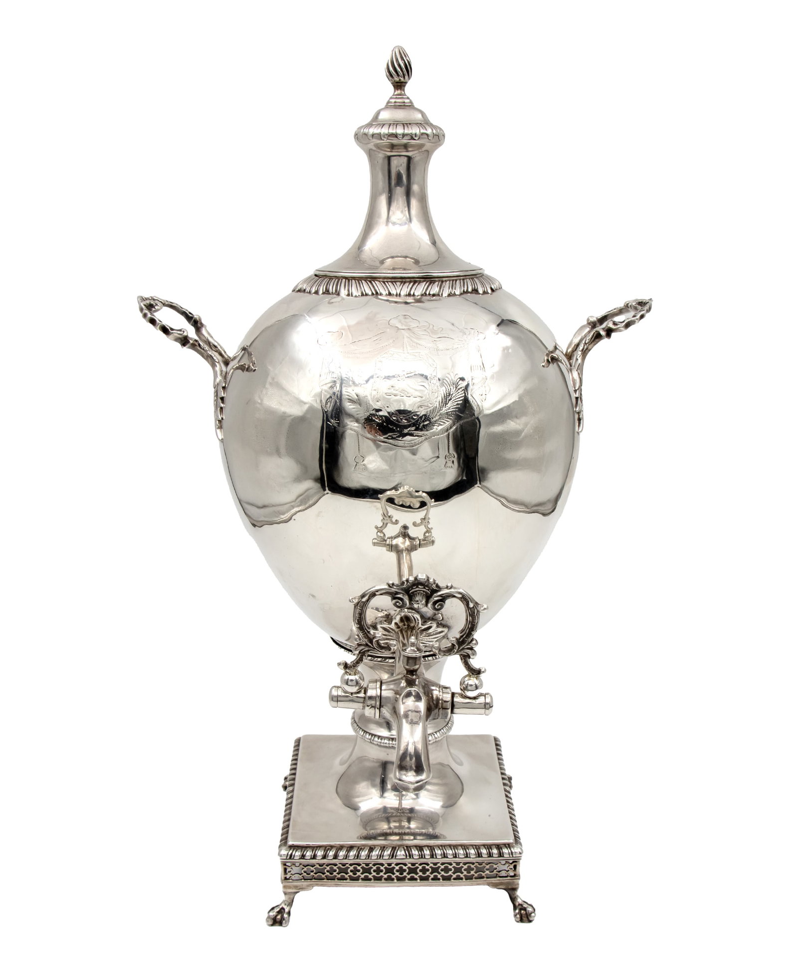Early George III Sterling Silver Tea Urn, John Kincaid, London, England, 1768.: Rare Early George III Sterling Silver Tea Urn, John Kincaid, London, England, 1768. Engraved coat of arms. Square base with gadrooned border and pierced rim. Two stylized handles and a stylized tap. F