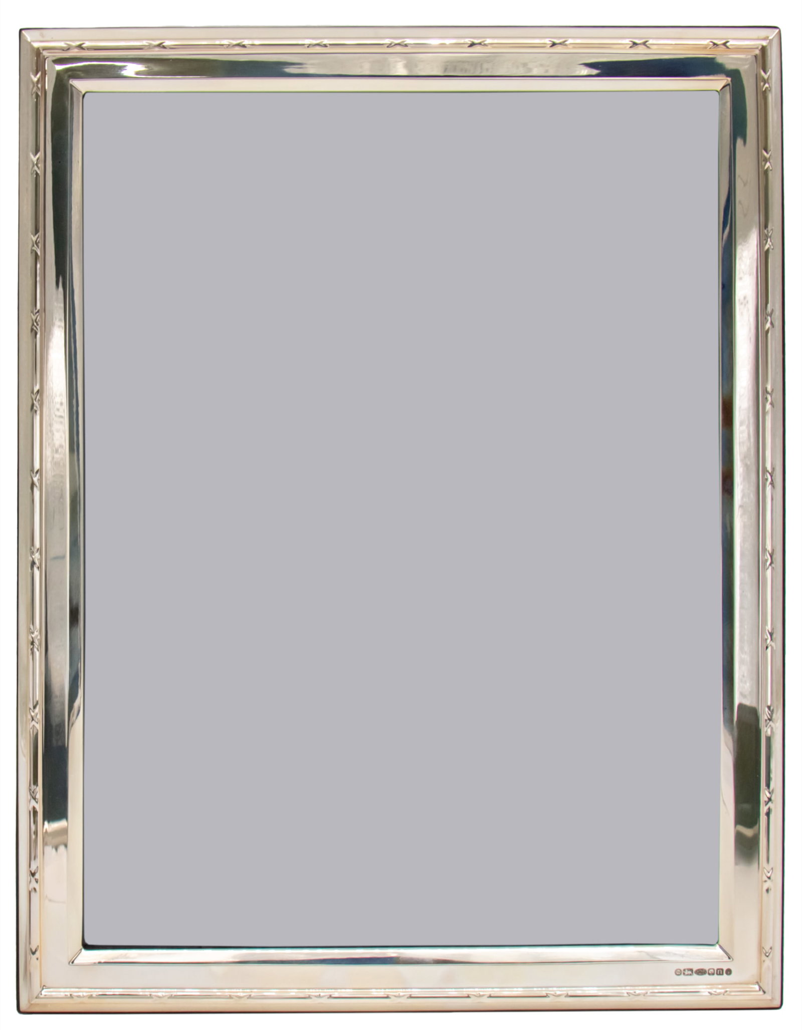 Francis Howard Canterbury Sterling Silver Photo Frame, Sheffield, England.: Francis Howard Canterbury Sterling Silver Photo Frame, Sheffield, England. Marked. Hand made. Ribbon ornaments. Mounted on backplate . 24x18cm.