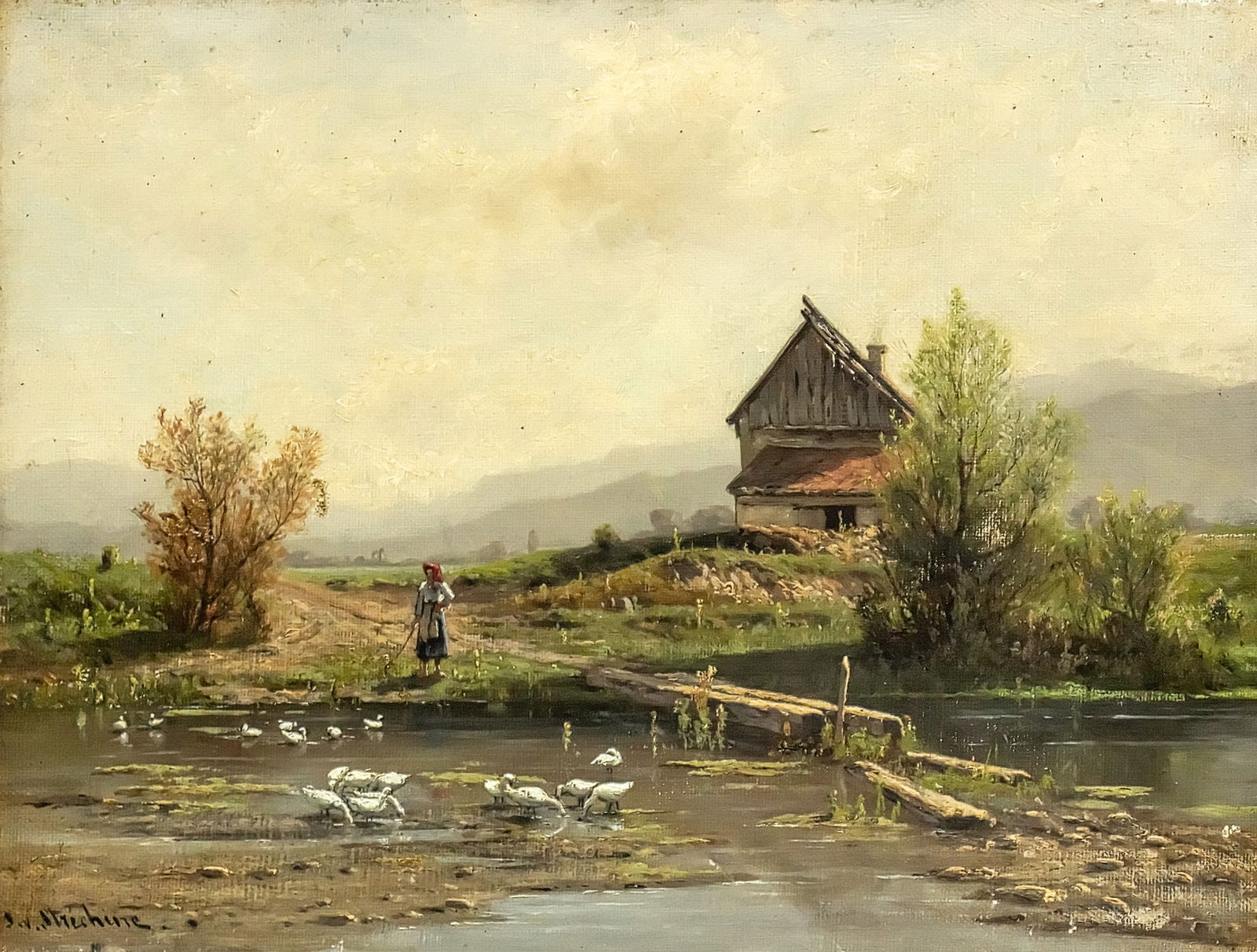 Stephanie von Strechine (Ukrainian / German, 1858-1940) - Woman in Rural Landscape, Oil on Canvas. (1 of 3)