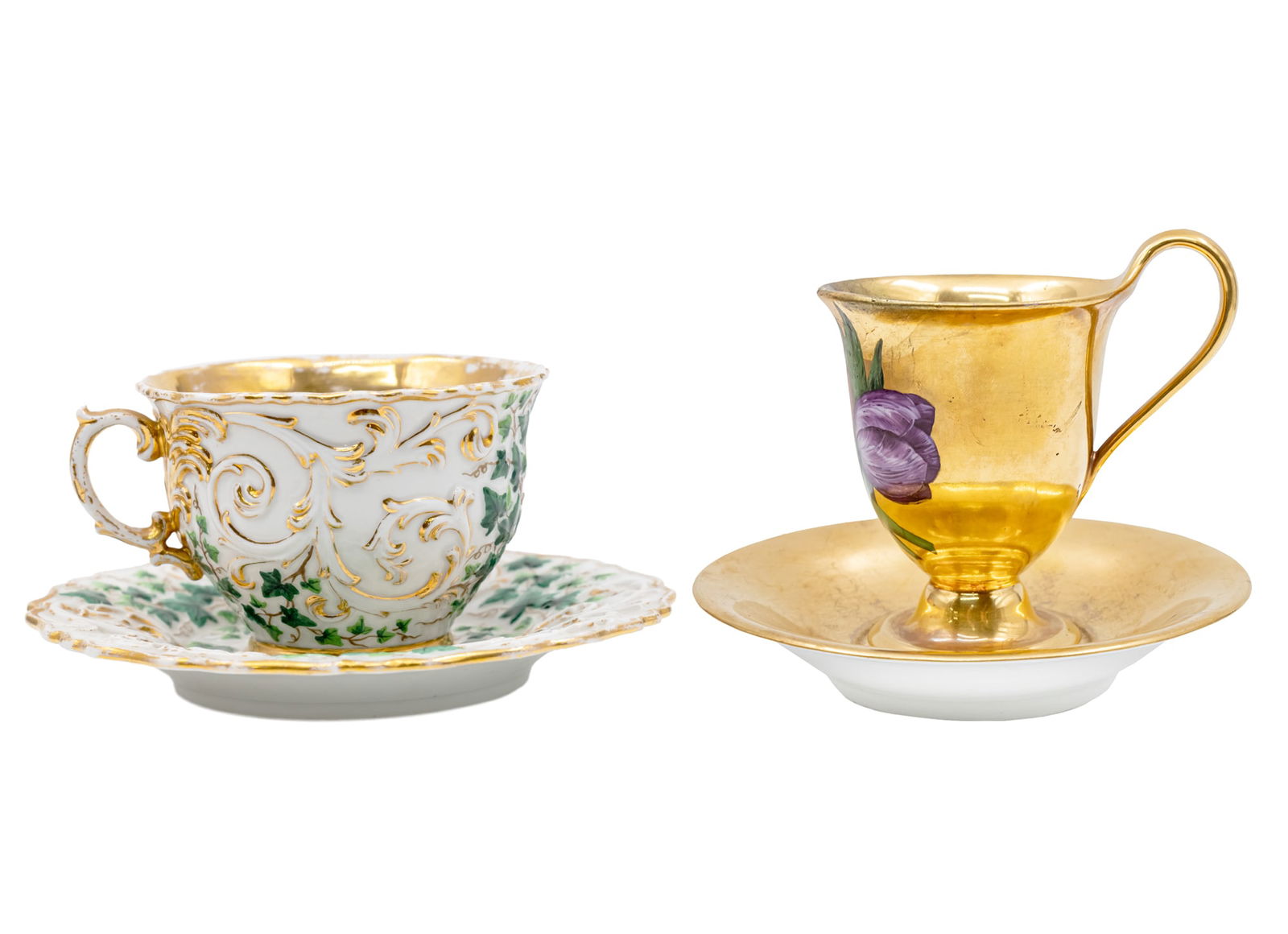 Meissen and KPM Tea Cups and Saucers.: Meissen and KPM Tea Cups and Saucers. Including: Meissen tea cup and coaster, Germany, 19th Century, cup height: 6.5cm, coaster diameter: 15.5cm, wear to gilding. KPM tea cup and coaster, Germany, cir