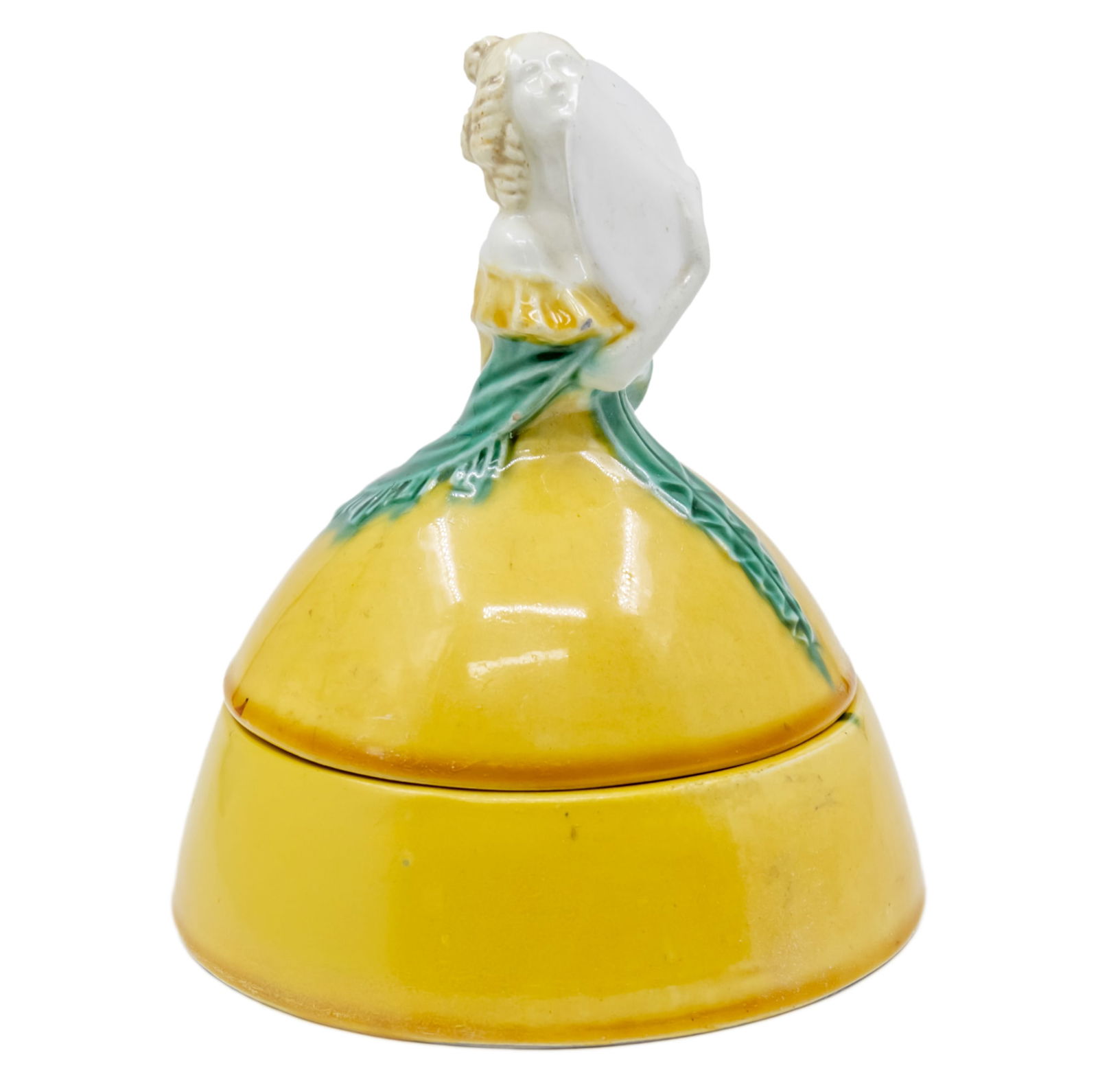 Michael Powolny (Austrian, 1871-1954) Wiener Werkstatte - Lady with Fan Ceramic Box.: Michael Powolny (Austrian, 1871-1954) Wiener Werkstatte - Lady with Fan Ceramic Box. Designed circa 1907. Exectued by Wiener Keramik circa 1912. Marked. Height: 16.5cm.