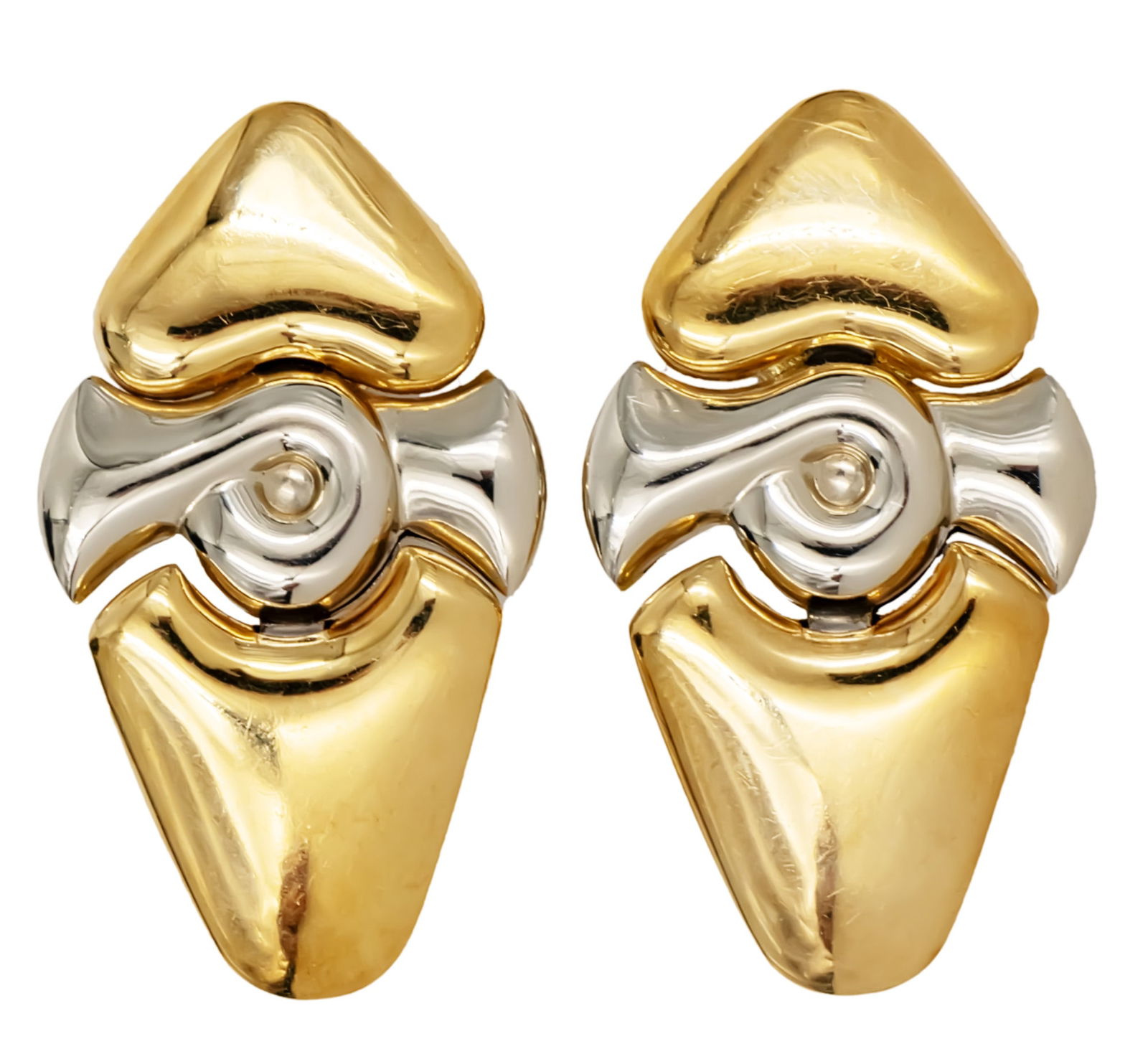 Chimento Pair of 18k Yellow and White Gold Earrings, Italy.: Chimento Pair of 18k Yellow and White Gold Earrings, Italy. Omega closure. Marked. 4x2.2cm. 14.56gr.