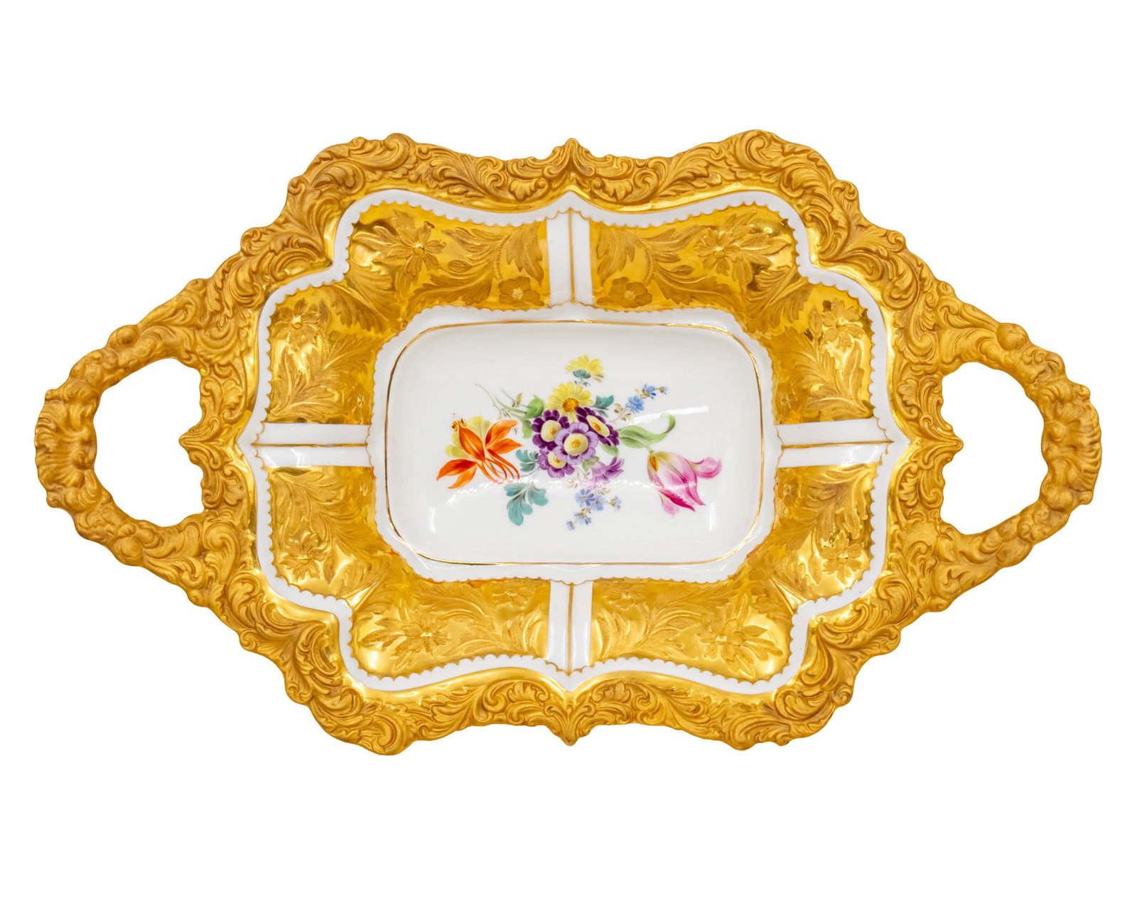 Meissen Porcelain Bowl Tray, Germany, Early 20th Century.: Meissen Porcelain Bowl Tray, Germany, Early 20th Century. Gilt ornaments, hand painted flowers. Marked. 35x21cm.