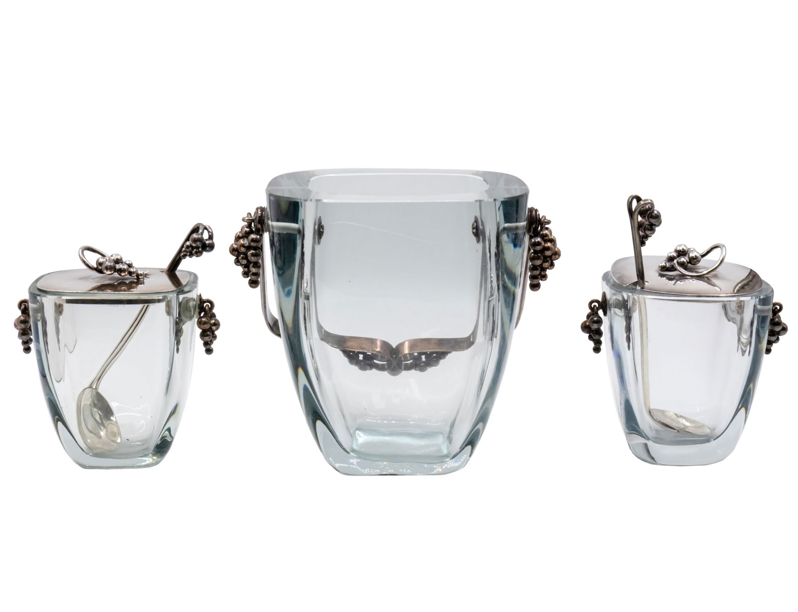 Danish Sterling Silver and Glass Ice Bucket and Two Serving Jars, Einar Dragsted, Mid 20th Century. (1 of 4)