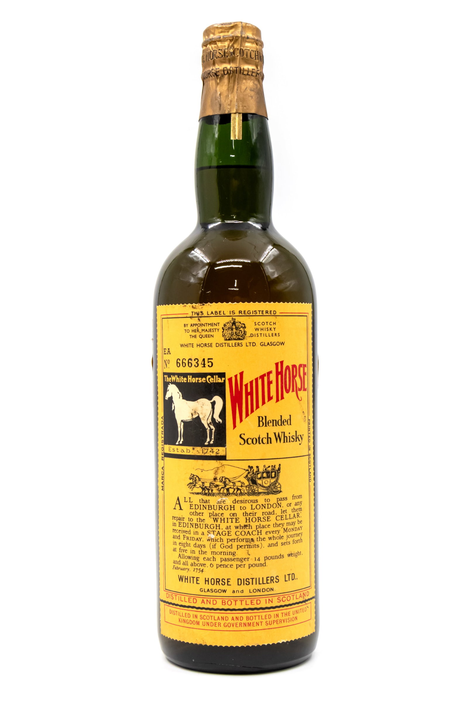 White Horse Blended Scotch Whisk.: White Horse Blended Scotch Whisk. Glasgow and London. No. 666345.