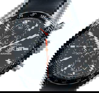 Tag Heuer Carrera Wristwatch.: Tag Heuer Carrera Wrist Watch. Automatic movement, working condition. Chronograph. Date. Display case back. Original rubber strap. Original deployment buckle. 41.5mm. Ref: CV2014-2