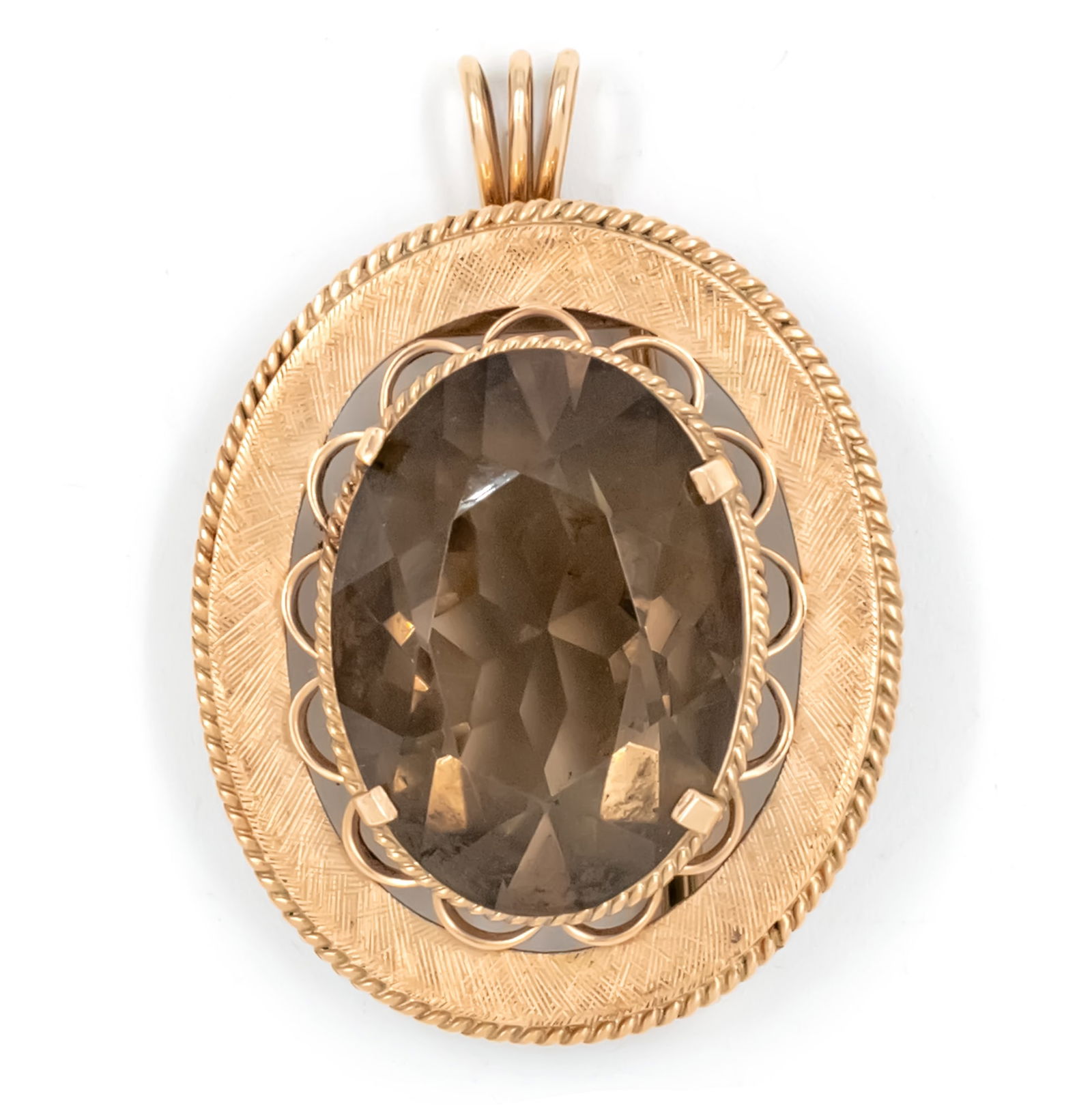14k Rose Gold Smoky Topaz Pendant Brooch.: 14k Rose Gold Smoky Topaz Pendant Brooch. Can be worn as a brooch both horizontally and vertically. Smoky topaz - 24x17mm. Marked. 3.6x3cm. 13.55gr.