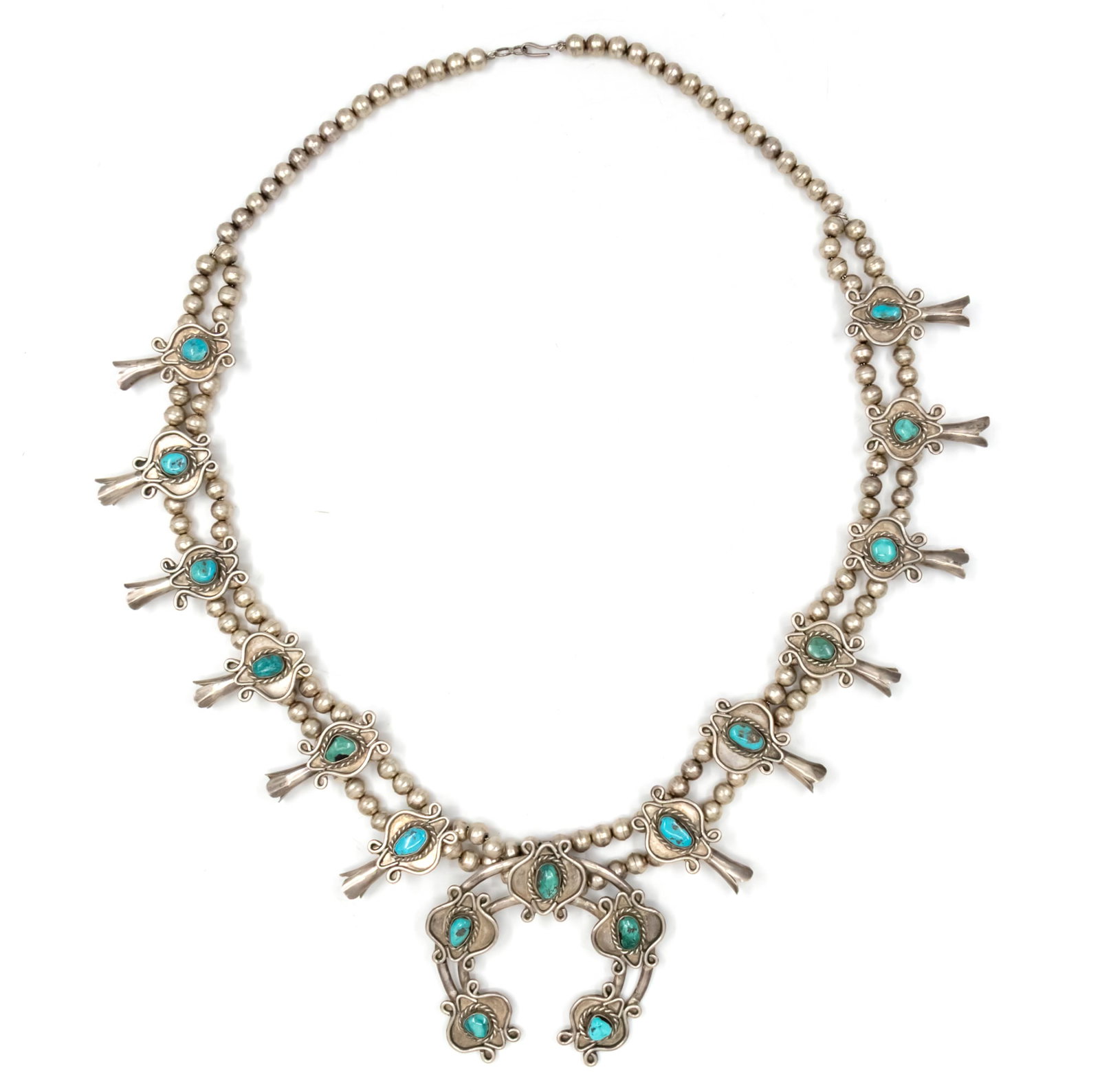 Navajo Silver and Turquoise Squash Blossom Necklace.: Navajo Native American Silver and Turquoise Squash Blossom Necklace. Length: 88cm. 272gr.