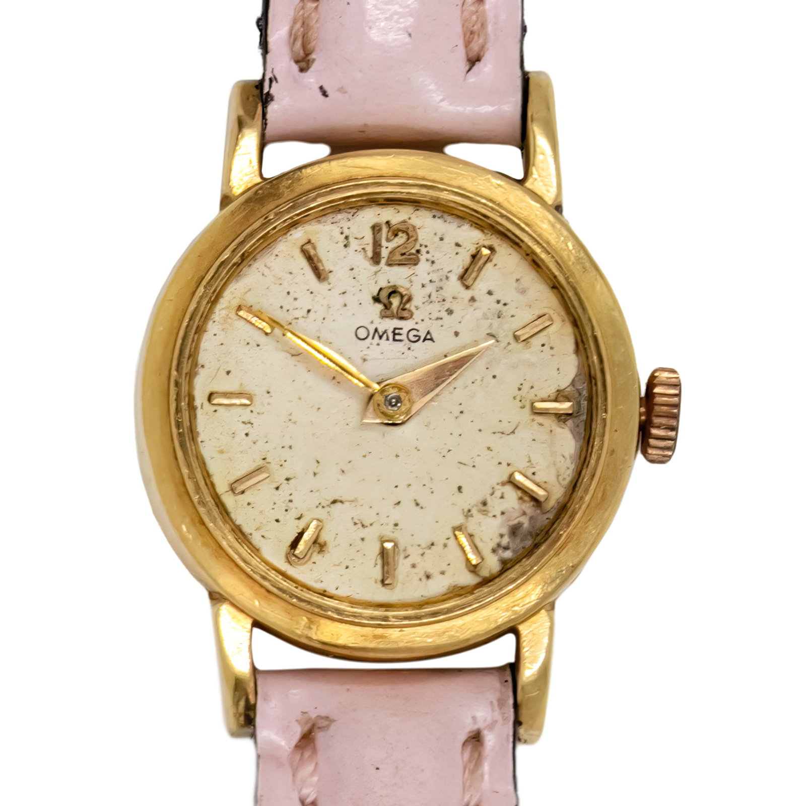Omega 18k Yellow Gold Ladies Wrist Watch.: Omega 18k Yellow Gold Ladies Wrist Watch. Mechanical movement, working condition. Leather strap. 20mm. Cal: 244 Ref: 2794 Missing front hesalite. 