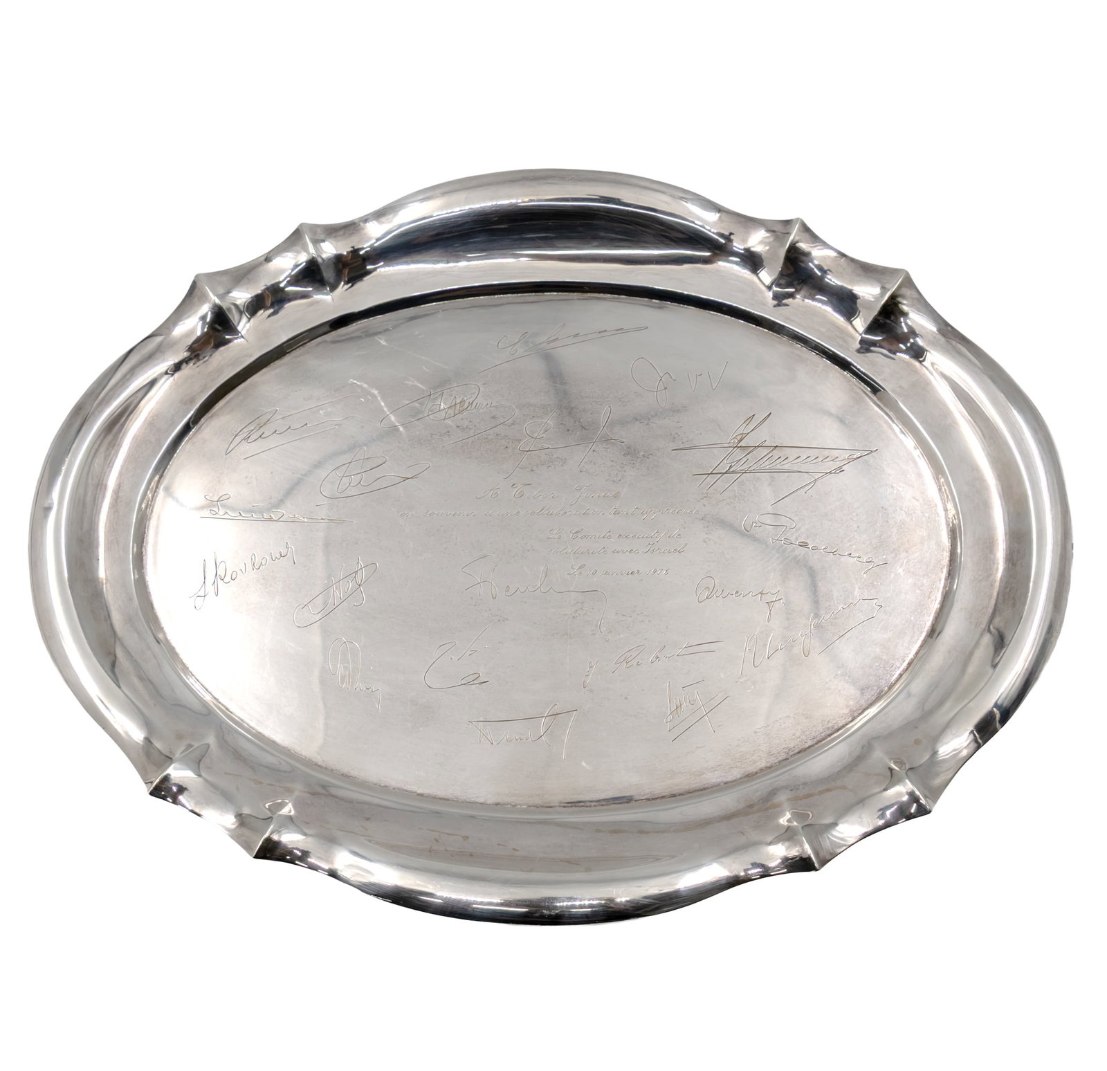 Silver Oval Tray, Belgium, 1976.: Silver Oval Tray, Belgium, 1976. With engraved dedication and signatures. Marked (silver 835). 28x38cm. 612gr.