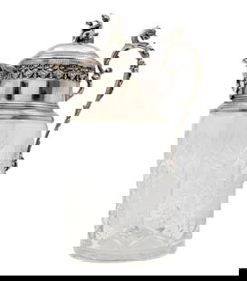Giuseppe Vasari Silver and Crystal Decanter, Milan, Italy, 20th Century.: Giuseppe Vasari Silver and Crystal Decanter, Milan, Italy, 20th Century. Silver handle, neck and cover with foliage ornaments, the top of the lid with a sculptured figure of a boy on a swan. Fitted