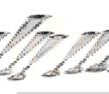 Five Russian Silver Cups, Early 20th Century.: Five Russian Silver Cups, Early 20th Century. Engraved ornaments, Two cups monogrammed. Marked (84). Tall cup: 13.5cm. Short cups: 10cm. 244gr.