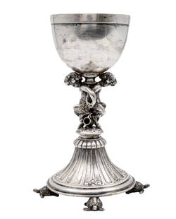 Austrian Large and Impressive Chalice, Vienna, 1872-1922.: Austrian Large and Impressive Goblet Chalice, Vienna, 1872-1922. Center stem beautifully sculptured with two Satyr figures opposing each other, wide base on four turtle modeled supports. Marked. 
