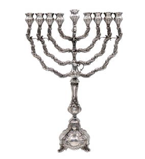 Hazorfim Large Sterling Silver Hanukkah Lamp Menorah.: Hazorfim Large Sterling Silver Hanukkah Lamp Menorah, Judaica. With detachable Shmosh (servant light) and oil jug. Makred. Height: 47.5cm. Width: 34cm. 842gr (NOT WEIGHTED).