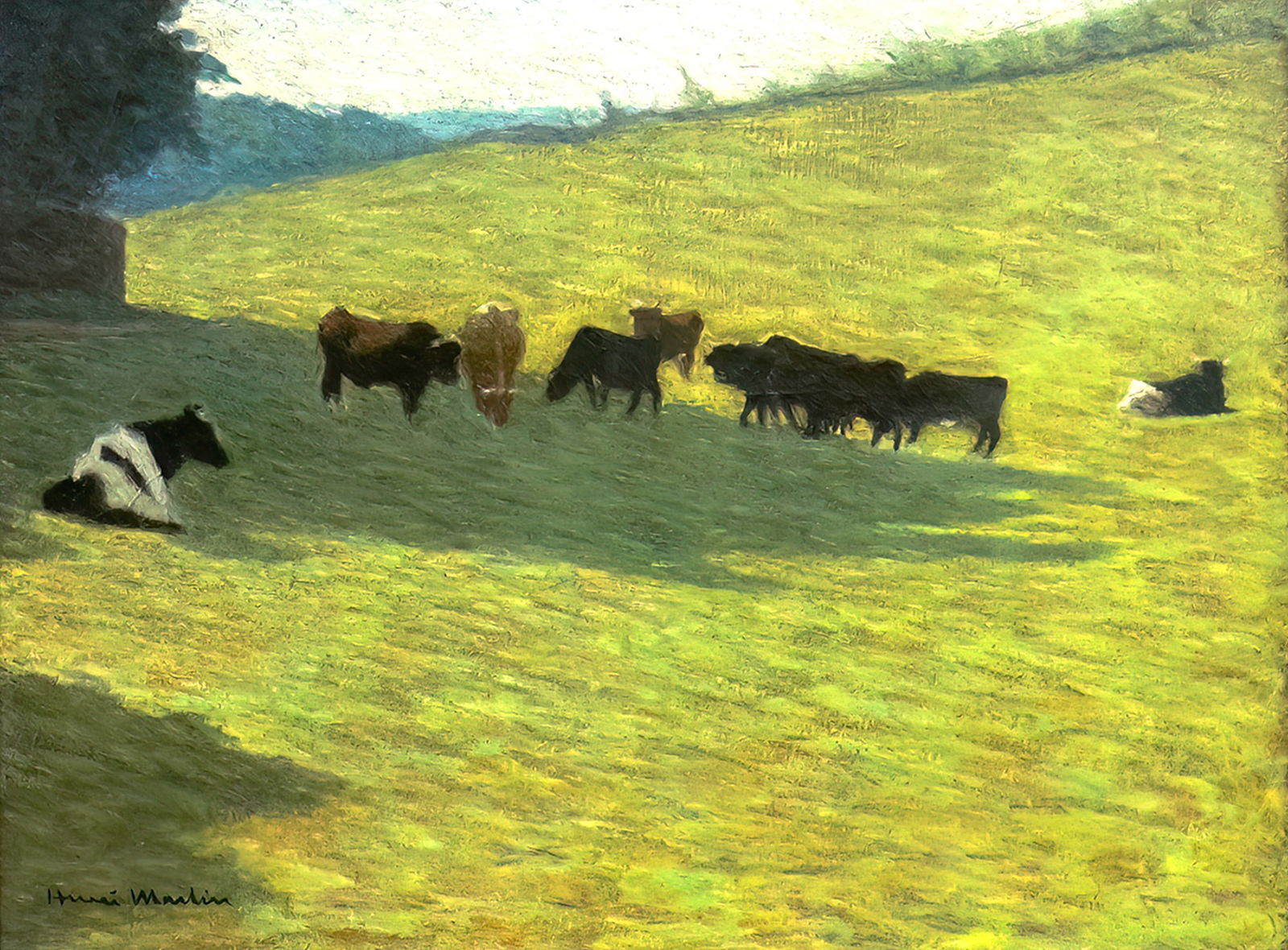 Henri Martin (French, 1860-1943) - Cows in the Pasture, Oil on Canvas.: Henri Martin (French, 1860-1943) - Cows in the Pasture, Oil on Canvas. Signed. 61x46cm.