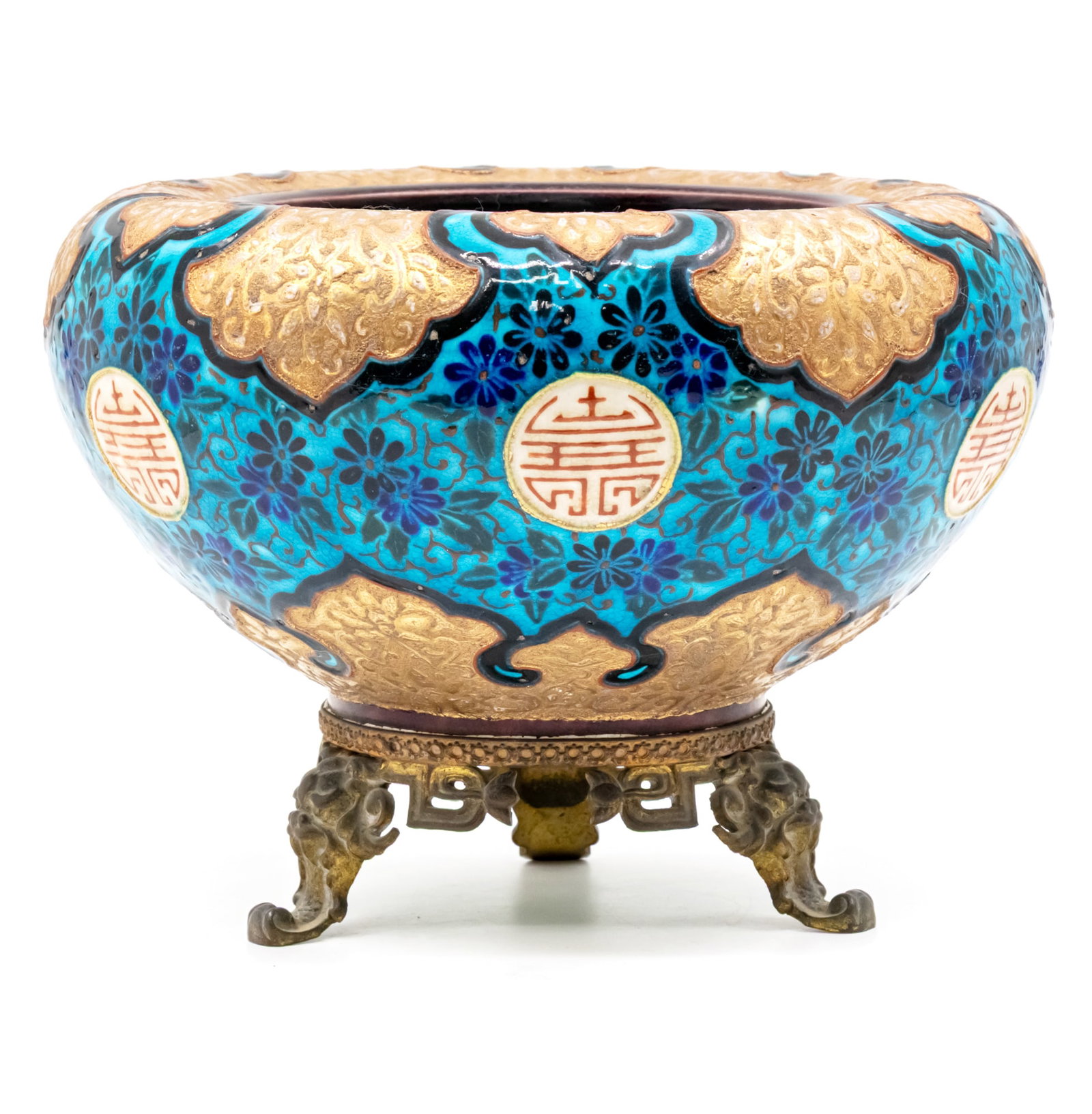 Jules Vieillard & Cie Ceramic Bowl, Bordeaux, France, Second Half of the 19th Century.: Jules Vieillard and Cie Ceramic Bowl, Bordeaux, France, Second Half of the 19th Century. Ceramic bowl designed to imitate an oriental cloisonne enamel work. Marked. Bronze base. Height: 16cm. Diameter