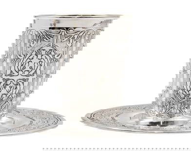Hazorfim Sterling Silver Kiddush Cup and Coaster.: Hazorfim Sterling Silver Kiddush Cup and Coaster, Judaica. Gilt interior. Marked. Comes in the original box, mint condition, never been used. Cup height: 8.5cm. Saucer diameter: 13.5cm. 122gr.
