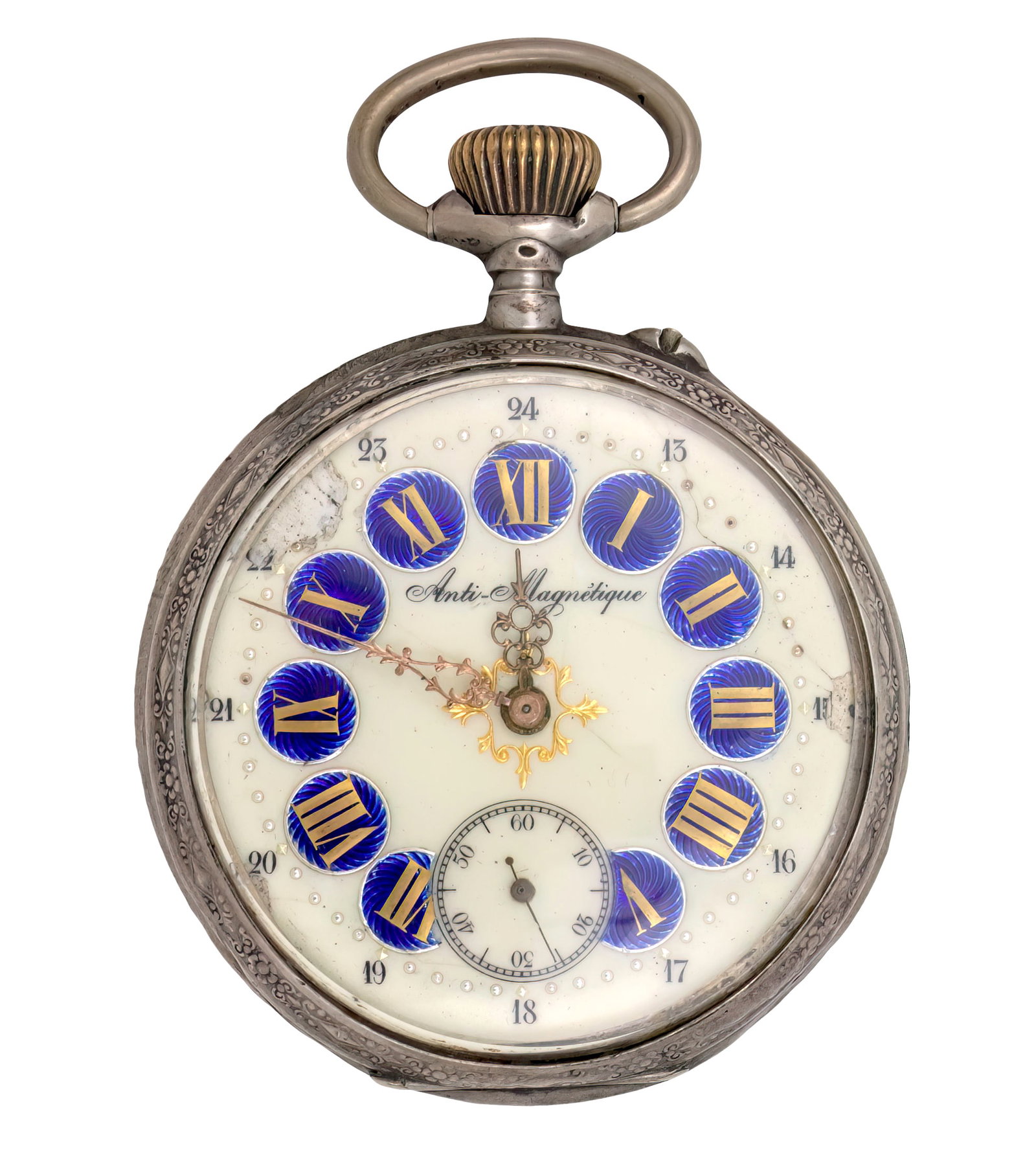 Silver Pocket Watch.: Silver Pocket Watch. Enamel dial with Roman numerals painted in gold over blue enamel, separate seconds dial. Silver case with two movement covers. Mechanical movement, working condition. 62mm. Minor 