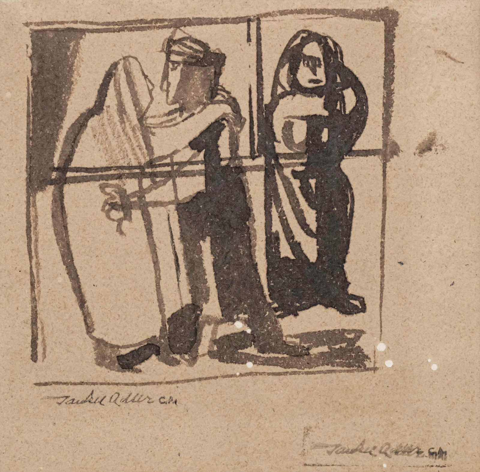 Jankel Adler (Polish, 1895-1949) - Couple, Ink on Paper.: Jankel Adler (Polish, 1895-1949) - Couple, Ink on Paper. Jankel Adler estate stamp. 16x16cm.