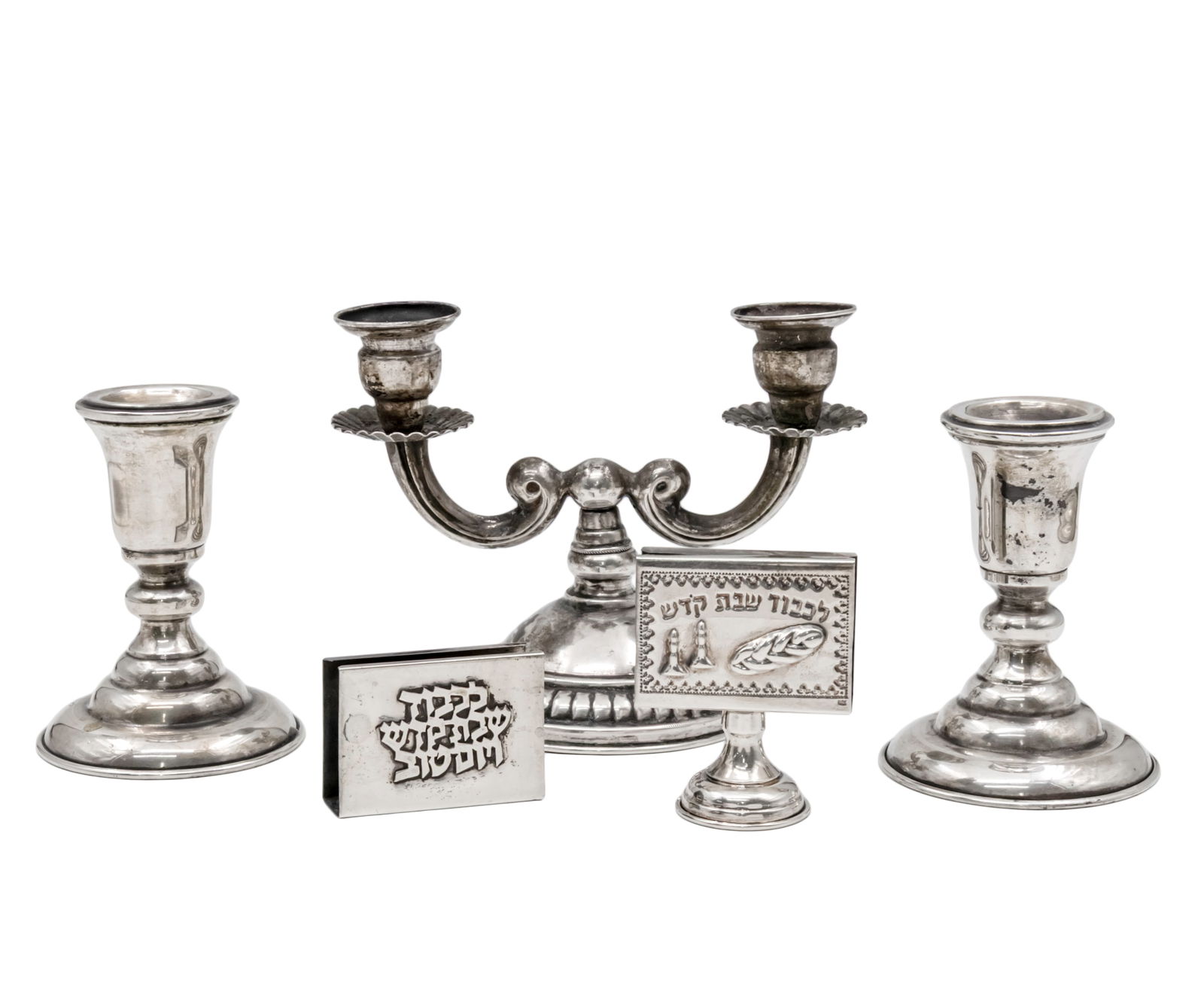 Pair of Silver Candlesticks, Candelabra and Two Matchbox holders.: Pair of Silver Candlesticks, Candelabra and Two Matchbox holders. Candlesticks, marked (84P), height: 10cm. Two light candelabra, marked (833), height: 12cm. Two matchbox holders, marked (925).