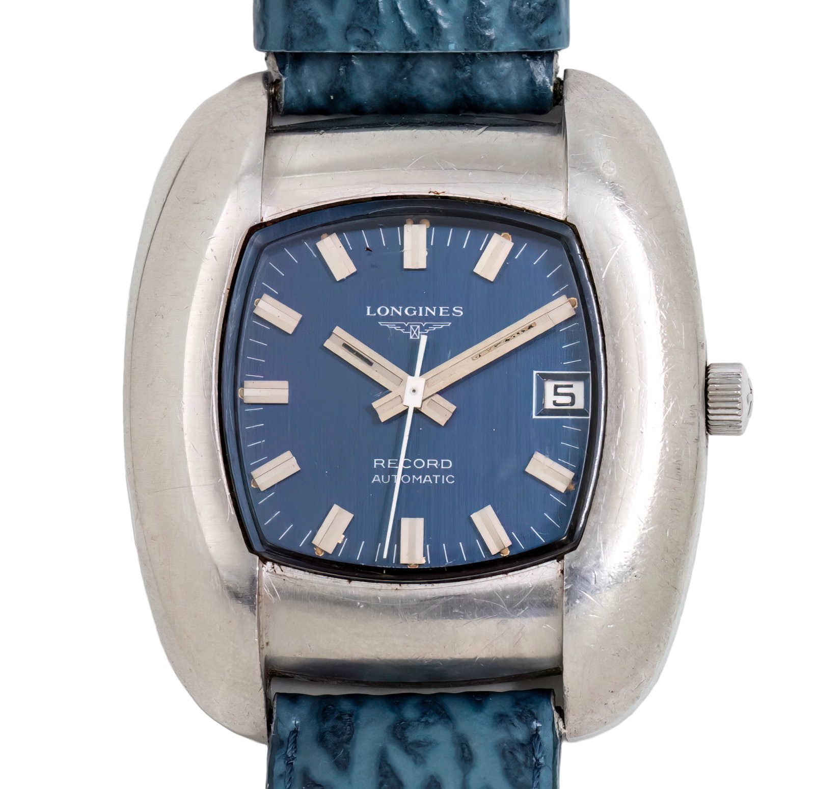 Longines Record Wristwatch, 1970s.: Longines Record Wrist Watch, 1970s. Automatic movement, working condition. Date. Blue dial. 40mm. Cal: 1955-2 Ref: 504136