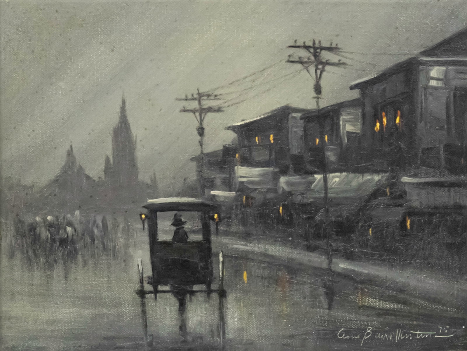 Cesar Buenaventura (Filipino, 1922-1983) - Street View at Night, Oil on Canvas.: Cesar Buenaventura (Filipino, 1922-1983) - Street View at Night, Oil on Canvas. Signed. 23x30cm.