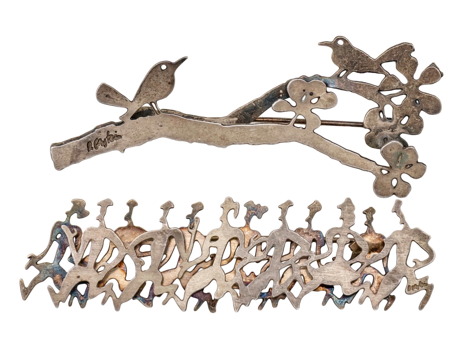 David Dudu Gerstein (b.1944) - Two Sterling Silver Brooches.: David Dudu Gerstein (b.1944) - Two Sterling Silver Brooches. Including: Birds on branch brooch, 7.5cm, marked. Figures brooch, 8cm, marked. 13gr.