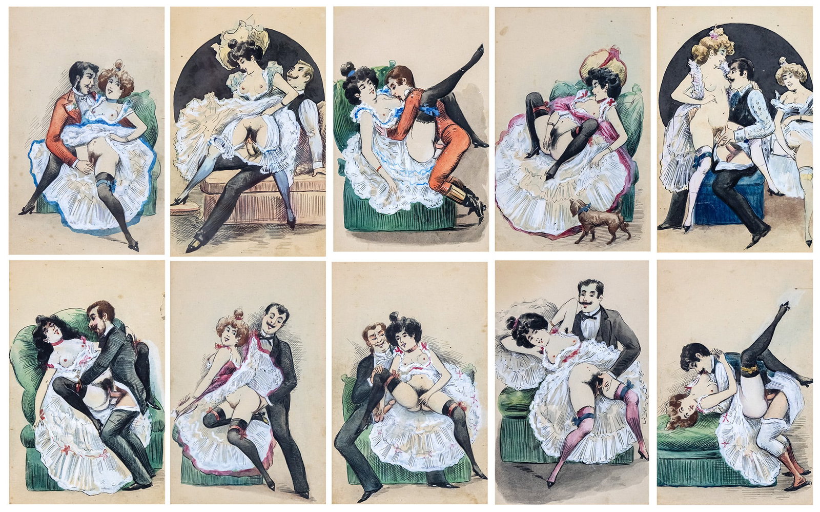 Series of 10 Erotic Drawings, Ink, Gouache and Watercolor on Paper, France, Early 20th Century.: Series of 10 Erotic Drawings, Ink, Gouache and Watercolor on Paper, France, Early 20th Century. 22x14cm each. All with the same frame - 41x32cm. Minor flaws.