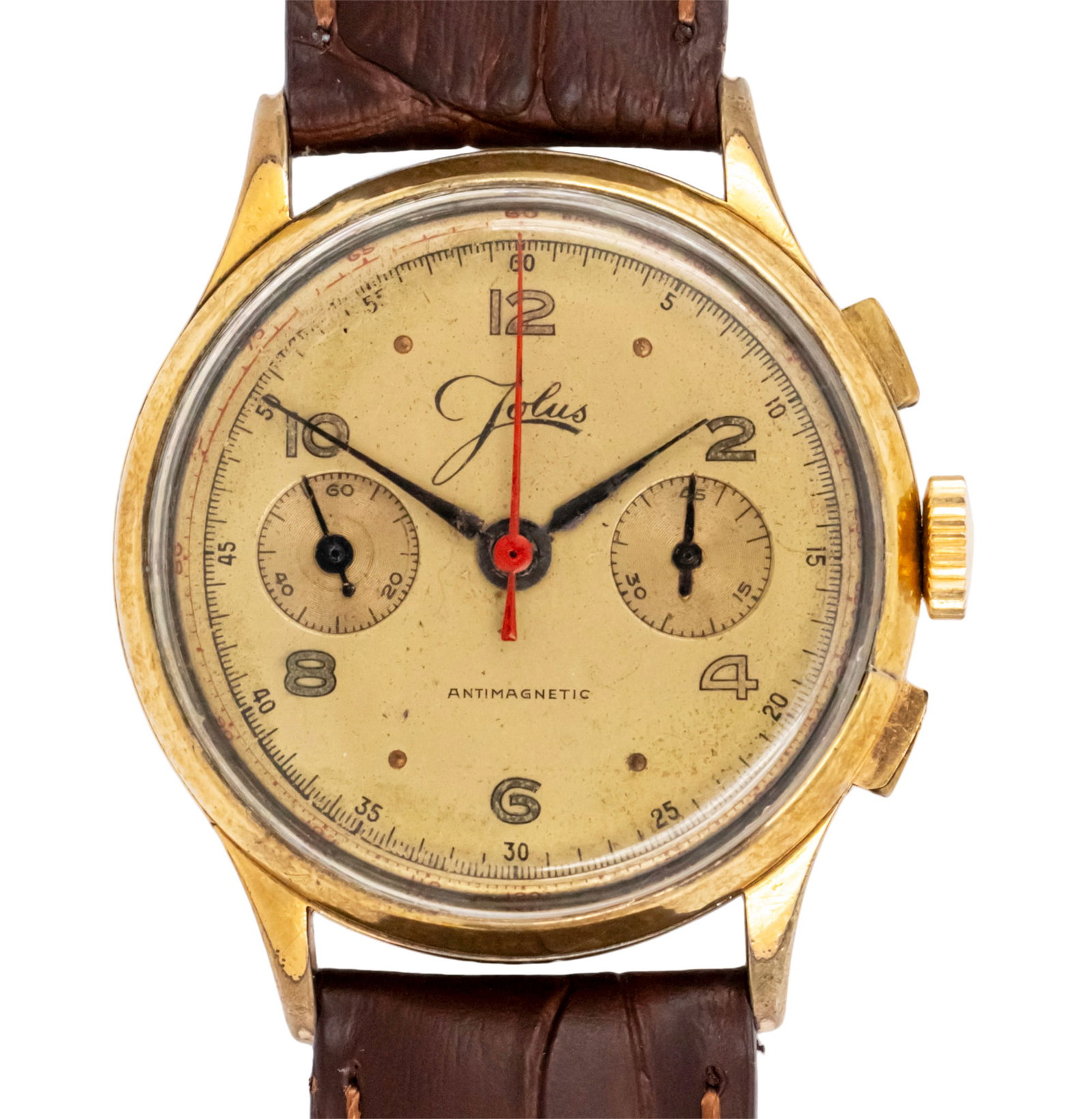Jolus Chronograph Wristwatch.: Jolus Chronograph Wristwatch. Jolus autres horlogerie. Gold-plated case. Mechanical movement, working condition. Leather strap. 36mm.