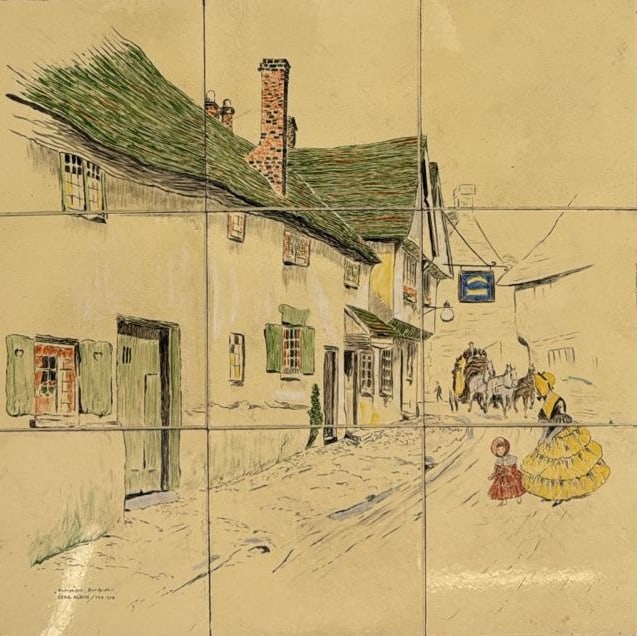 After Cecil Aldin (British, 1870-1935) - George Inn, Dorchester, Painting on Tiles. (1 of 2)