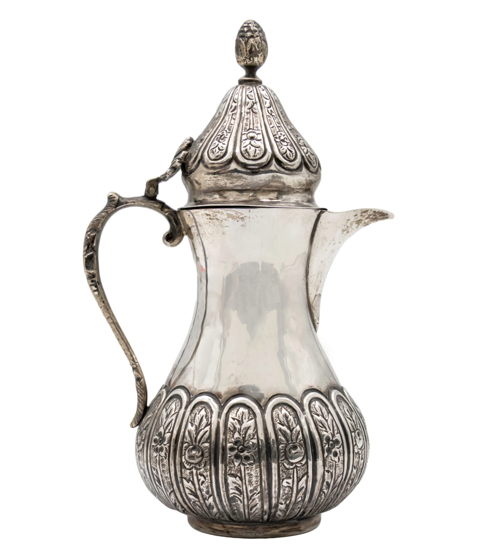 Silver Finjan, Turkey, 20th Century.: Silver Finjan, Turkey, 20th Century. Floral ornaments. Marked (900). Height: 19cm. 236gr. 