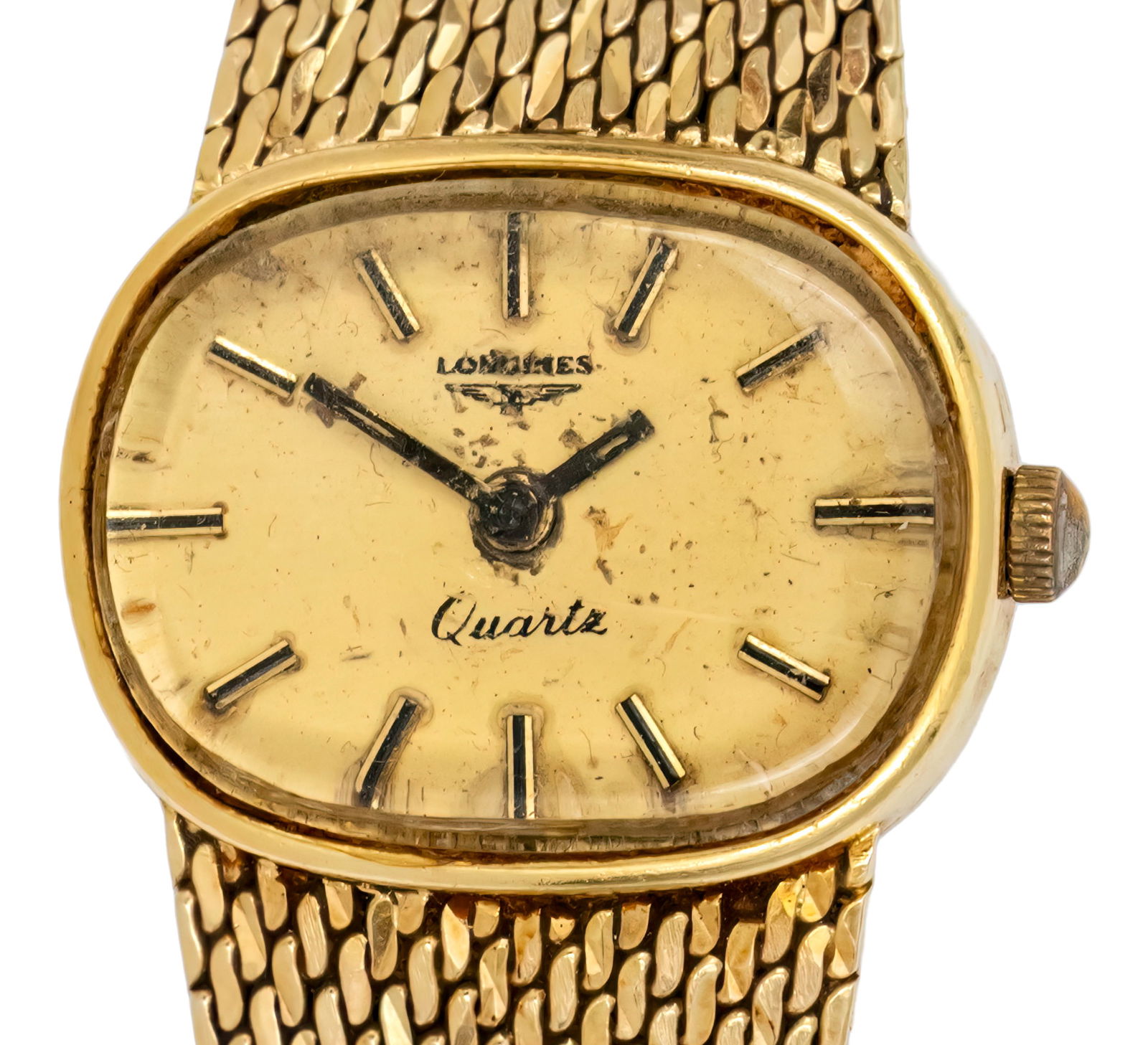 Longines Yellow Gold Ladies Wrist Watch.: Longines Yellow Gold Ladies Wristwatch. 18k yellow gold case. 14k yellow gold bracelet. Quartz movement, not in a working condition. 19x24mm. Length: 17cm. Total weight: 34.45gr.