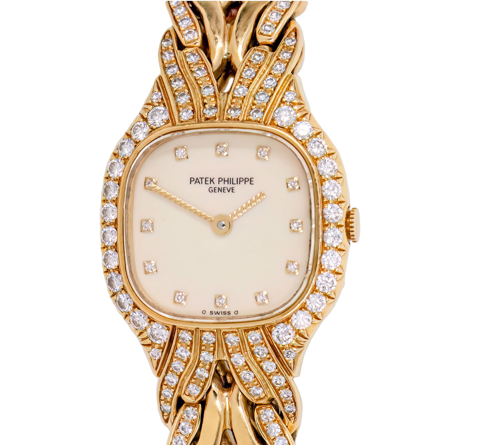 Patek Philippe La Flamme 18k Yellow Gold Ladies Wristwatch.: Patek Philippe La Flamme 18k Yellow Gold Ladies Wrist Watch. Quartz movement, working condition. White dial, diamond set. 18k yellow gold bracelet set with diamonds. Length: 17cm. 