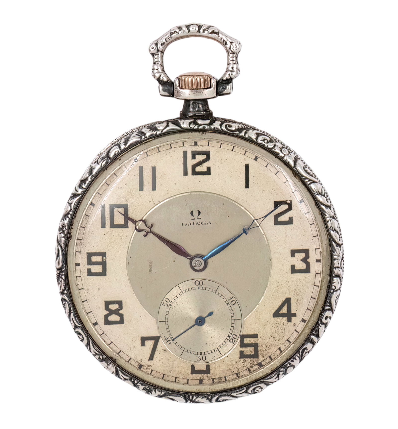 Omega Pocket Watch.: Omega Pocket Watch. Mechanical movement, working condition. Hour hand with the company logo. Silver case, marked (silver 900). Cal: 35.5L 46.5mm.