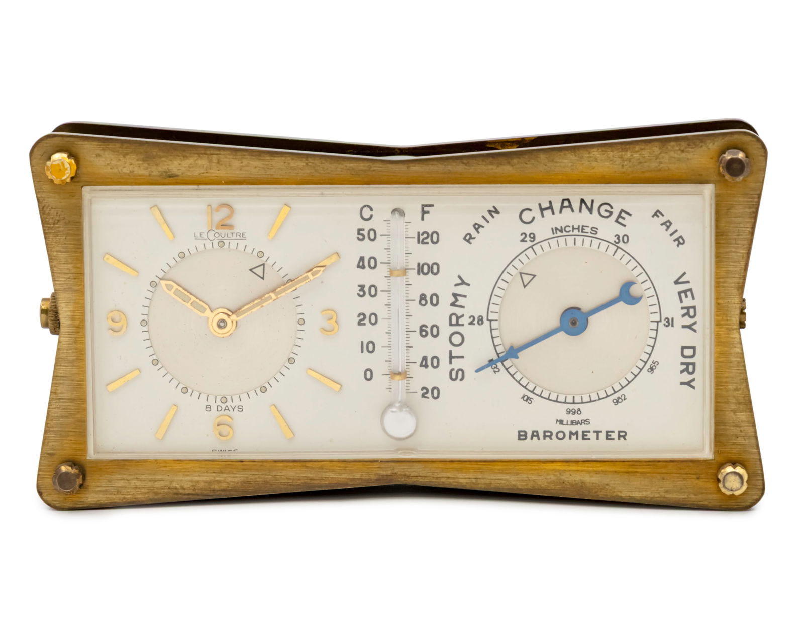 Le Coultre Desk Alarm Clock with Barometer and Thermometer.: Le Coultre (Later Known As Jaeger Le Coultre) Desk Alarm Clock with Barometer and Thermometer. Mechanical 8-day movement, working condition. Height: 11.5cm. Height: 6cm.