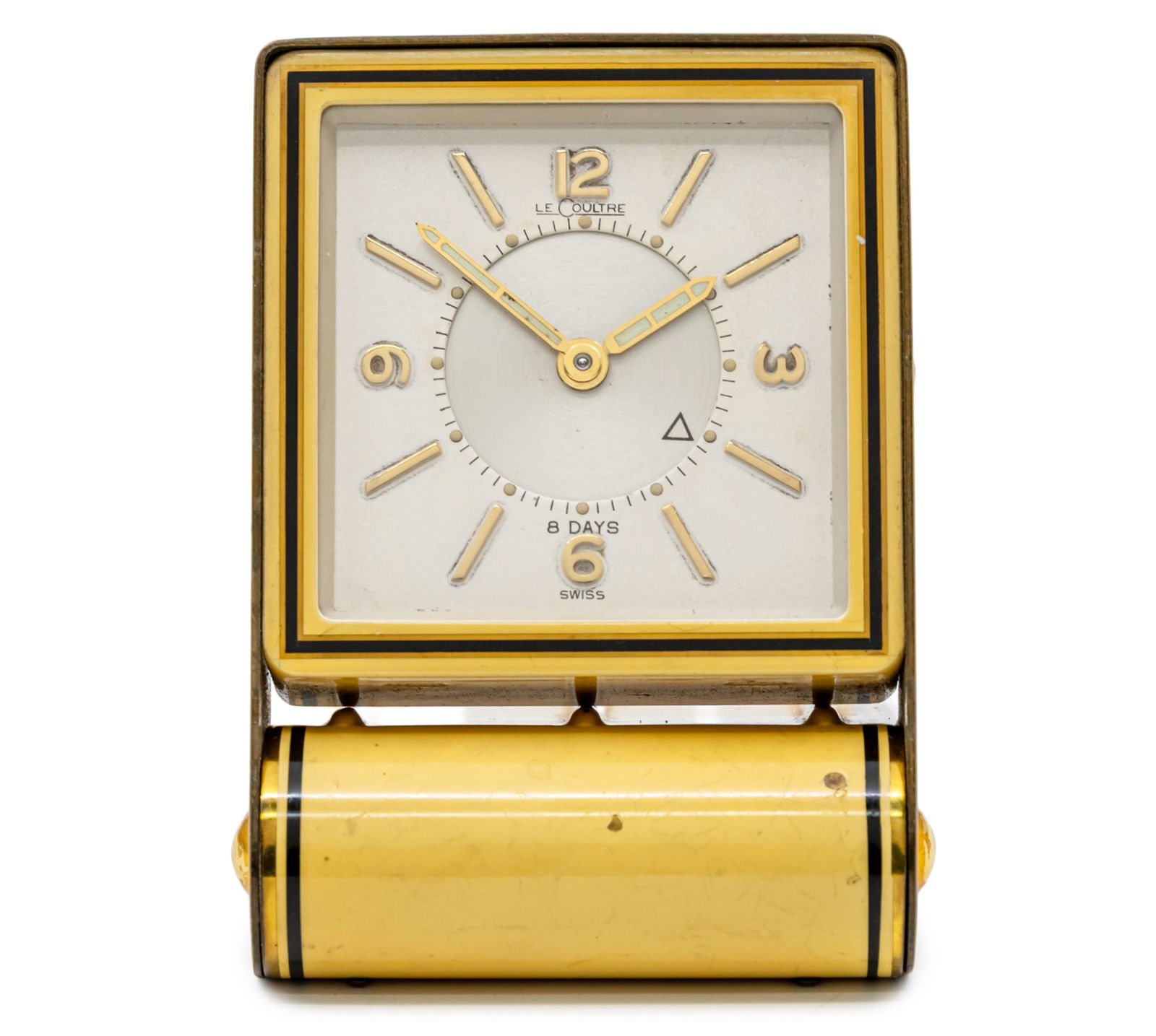 Le Coultre Travel Alarm Clock.: Le Coultre Travel Alarm Clock. 8 day mechanical movement, working condition. Alarm movement, working condition. Folding metal case, some peels to the paint. 8x6x2.5cm.