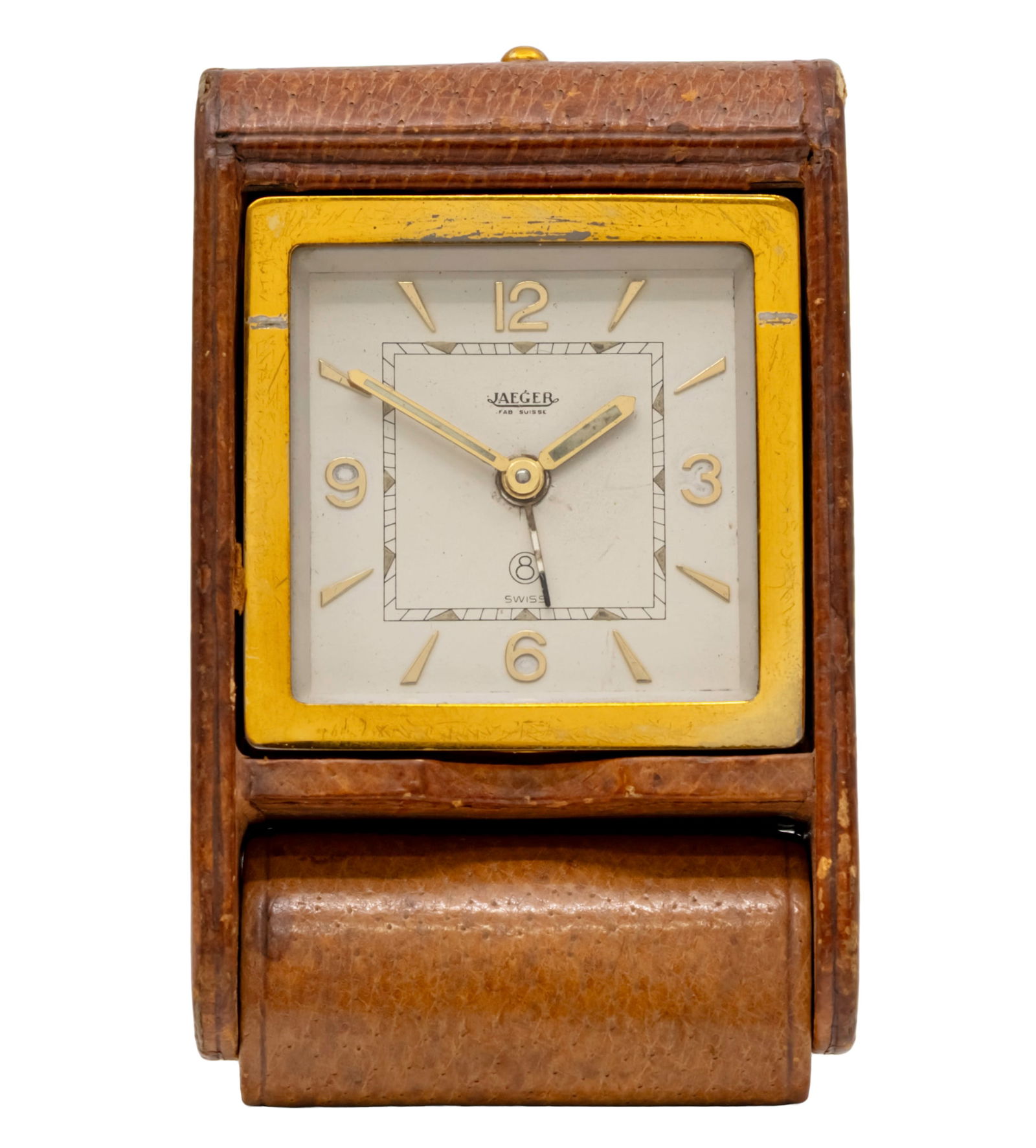 Jaeger Travel Alarm Clock.: Jaeger Travel Alarm Clock (later known as Jaeger Le Coultre). 8 day mechanical movement, working condition. Alarm movement, working condition. Folding leather covered case. 10x6.5x3cm.
